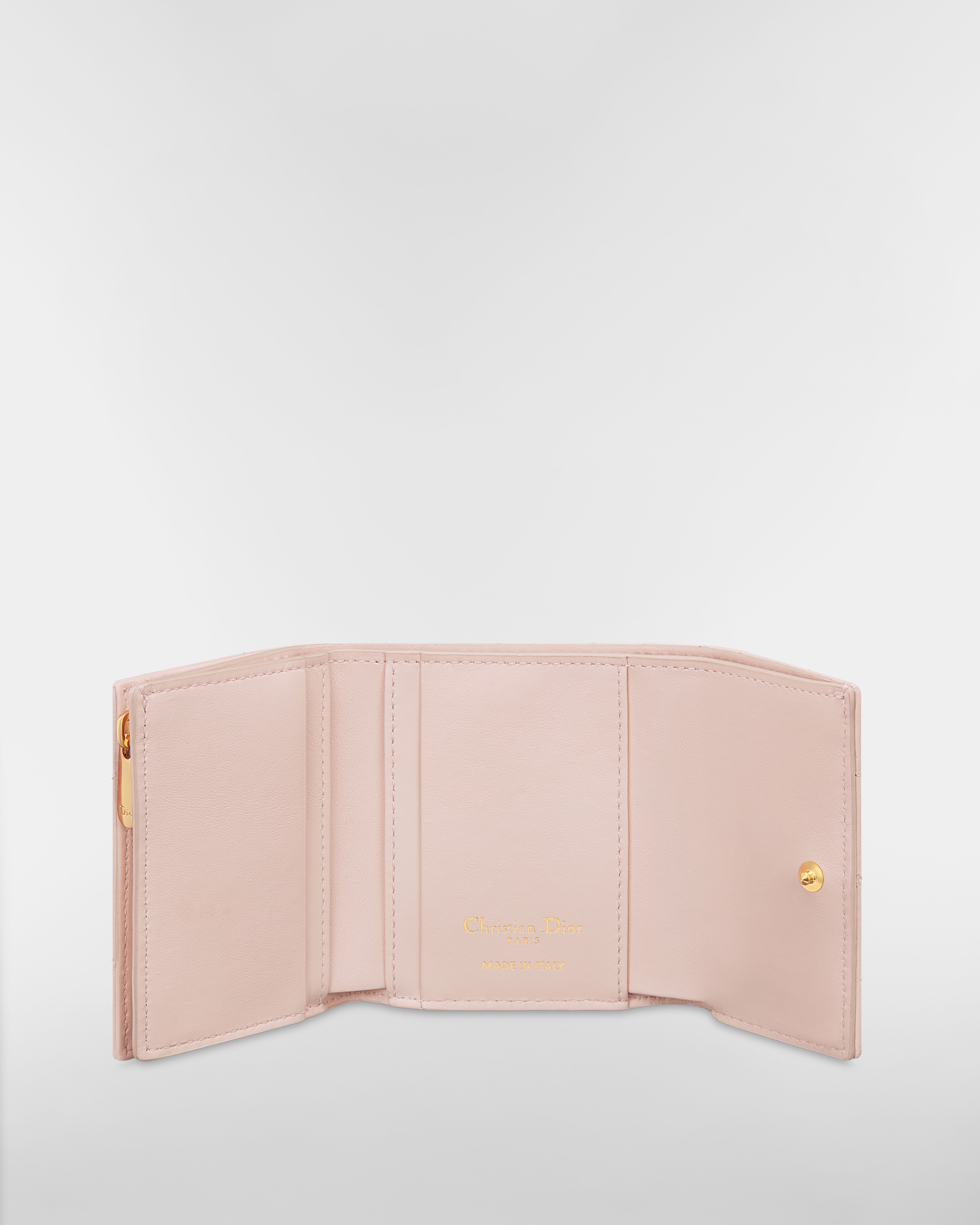 크리스탈 장식 Dior Caro Hibiscus L형 지퍼 지갑 파우더 핑크 매크로까나쥬 양가죽 E07