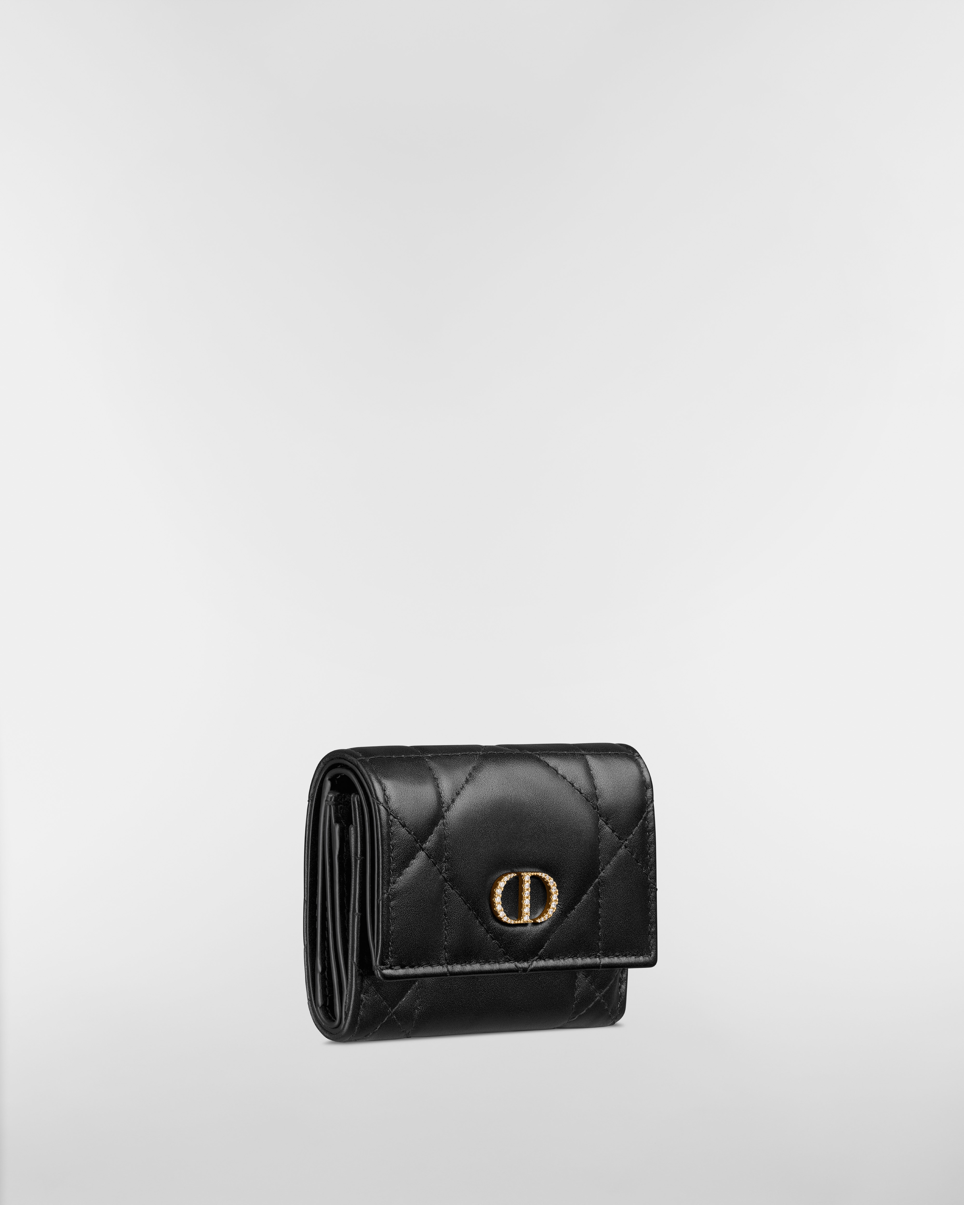 크리스탈 장식 Dior Caro Hibiscus L형 지퍼 지갑 블랙 매크로까나쥬 양가죽 E03