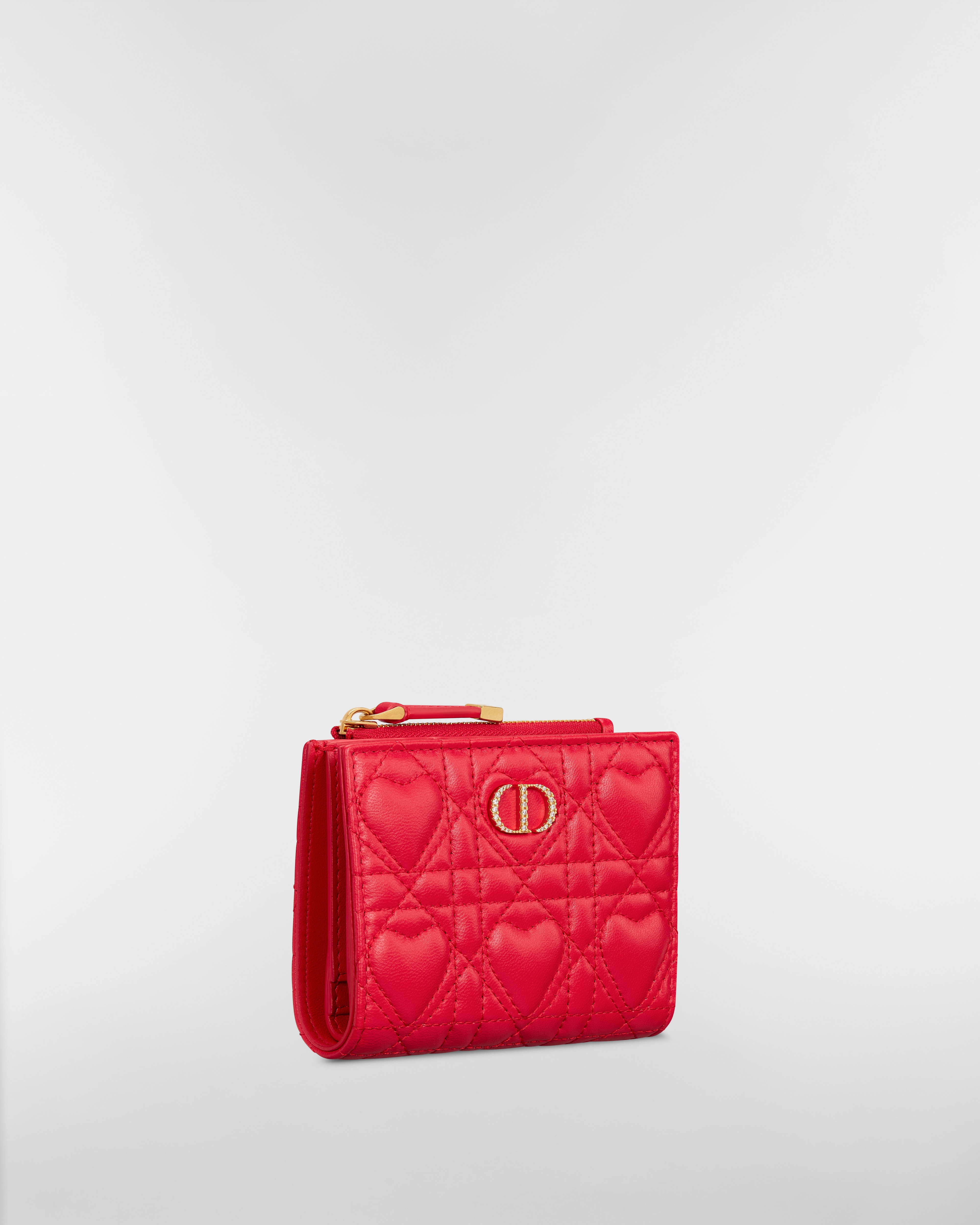 Dior Caro Dahlia Portemonnaie Cannage Lammleder mit Herzmotiv in Monsignorerot E03