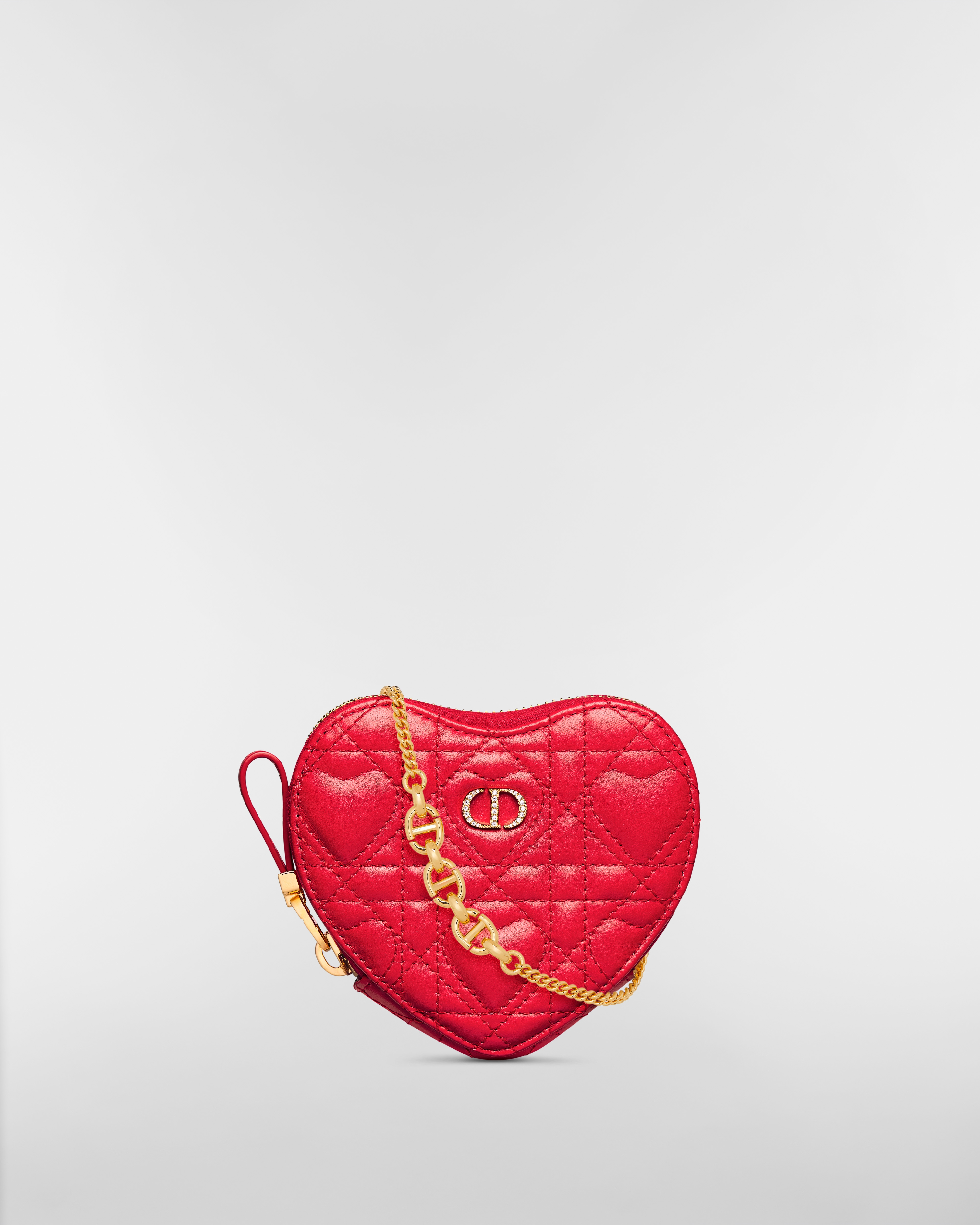 Dior Caro Heart Pouch with Chain Monsignore Red Cannage Lambskin with Heart Motif E01