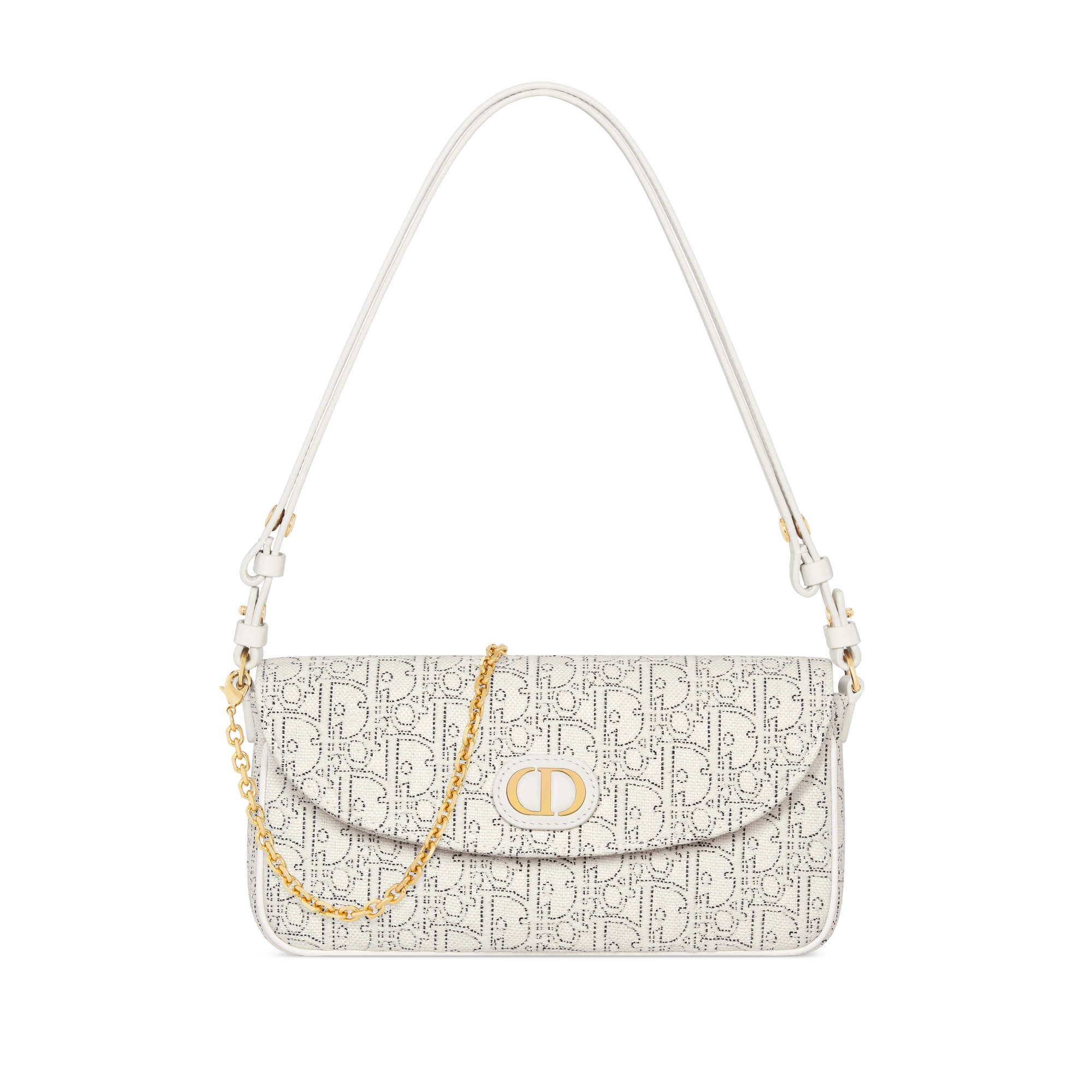 30 Montaigne D-Vine 鏈帶小袋 白色 Dior Oblique 緹花配以對比黑色縫線 E01
