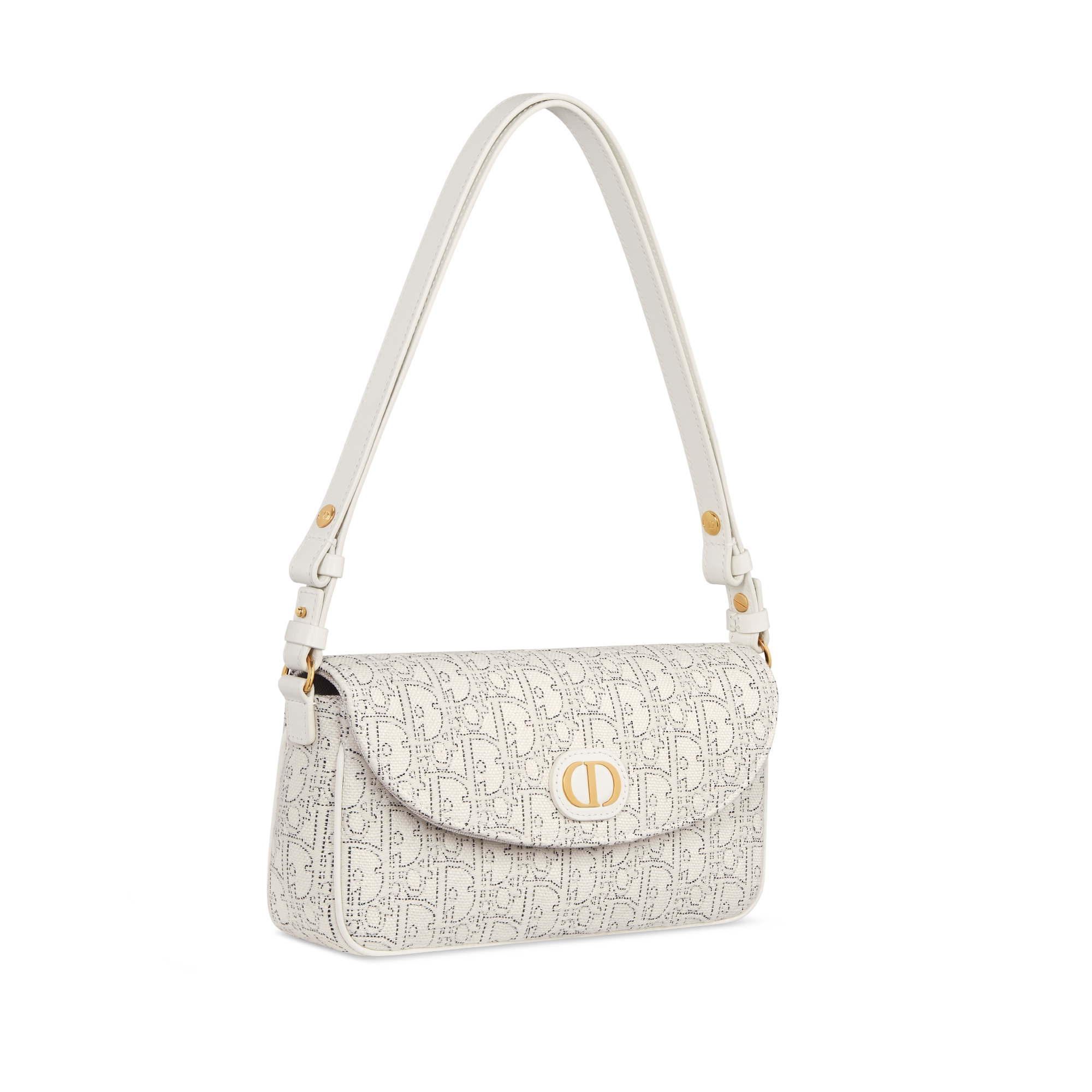 30 Montaigne D-Vine 체인 파우치 화이트 Dior Oblique 자카드 & 콘트라스트 블랙 스티칭 E03