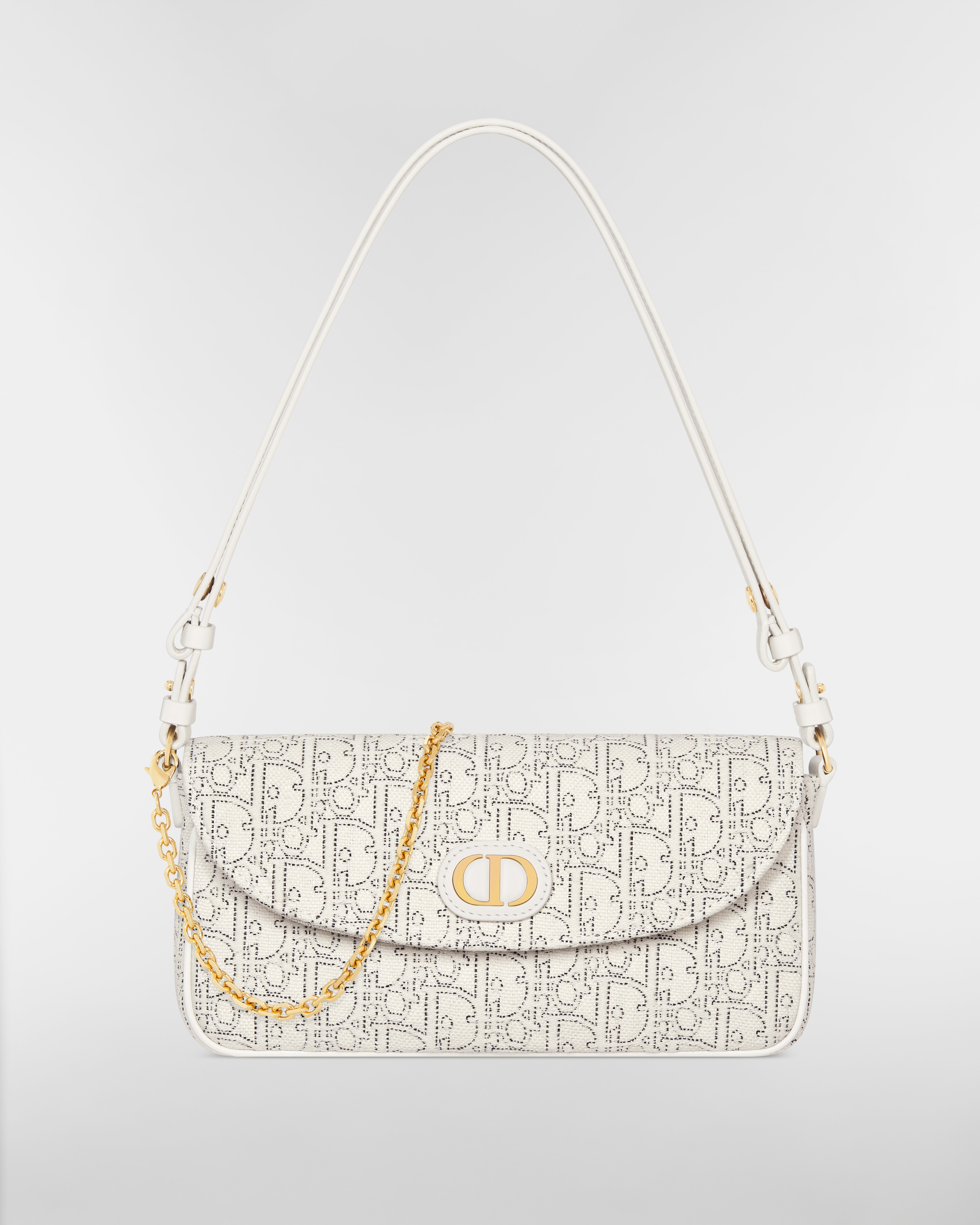 30 Montaigne D-Vine 附鏈帶手拿包 白色 Dior Oblique 緹花搭配對比色黑色縫線 E01