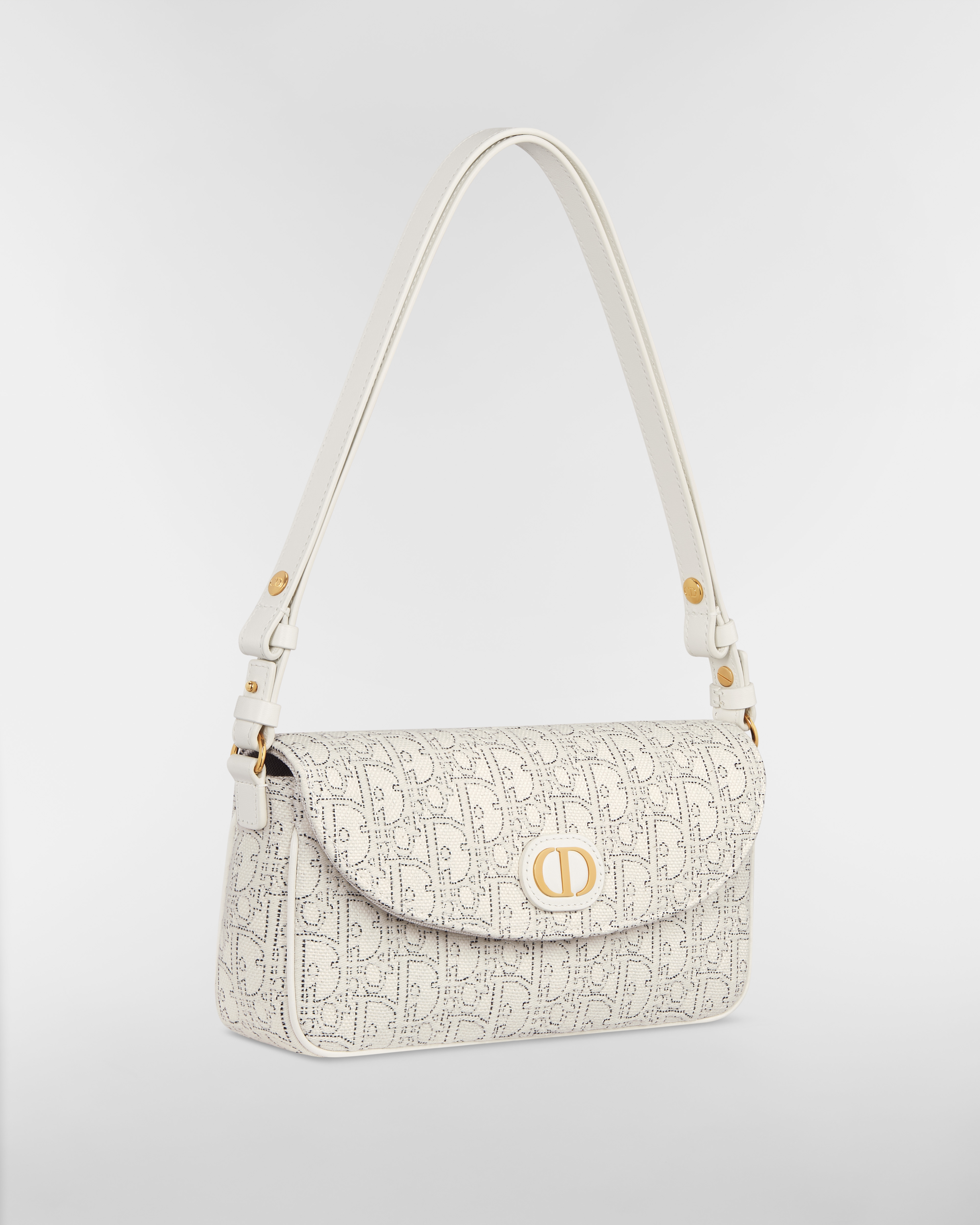30 Montaigne D-Vine 附鏈帶手拿包 白色 Dior Oblique 緹花搭配對比色黑色縫線 E03