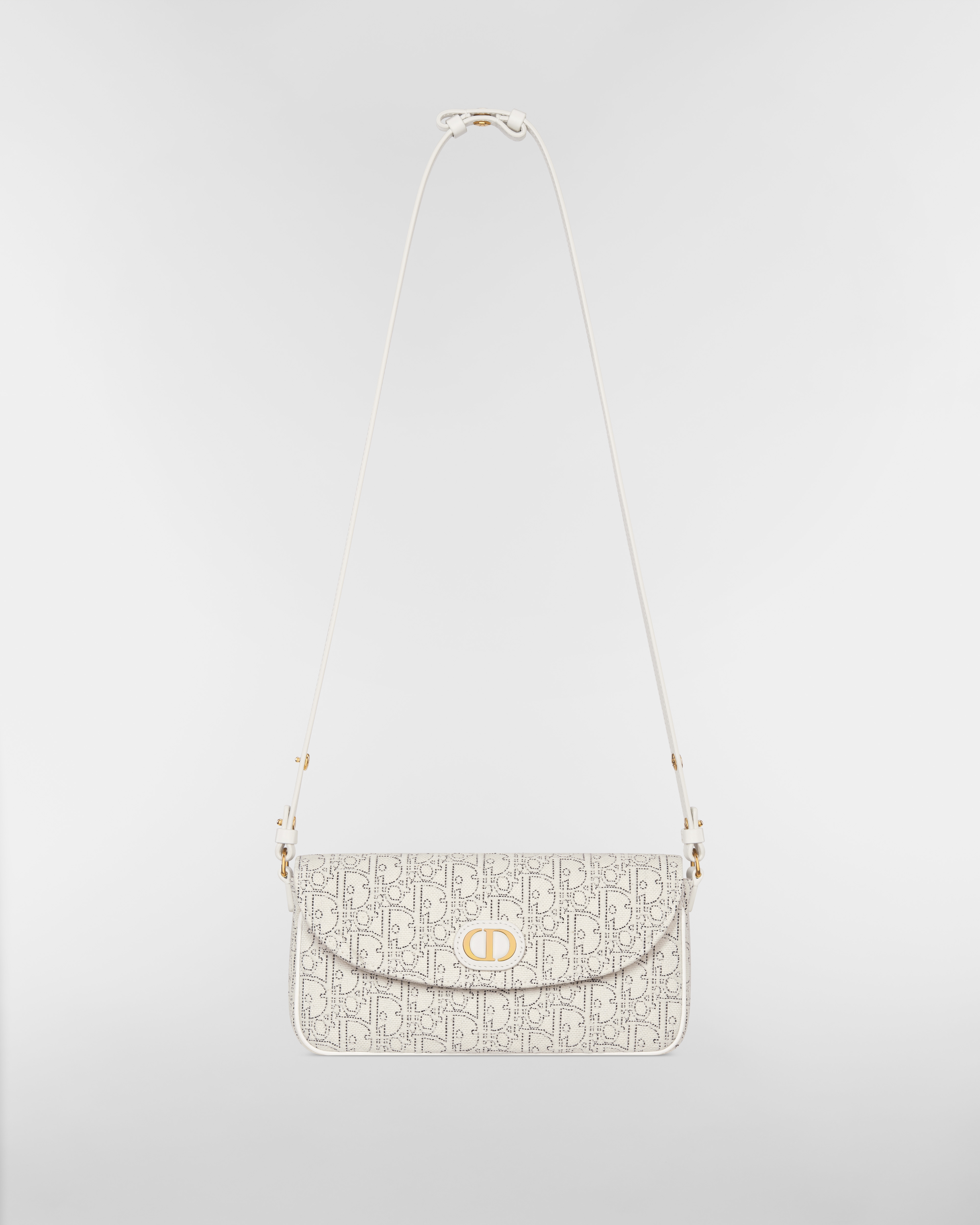 30 Montaigne D-Vine 附鏈帶手拿包 白色 Dior Oblique 緹花搭配對比色黑色縫線 E07