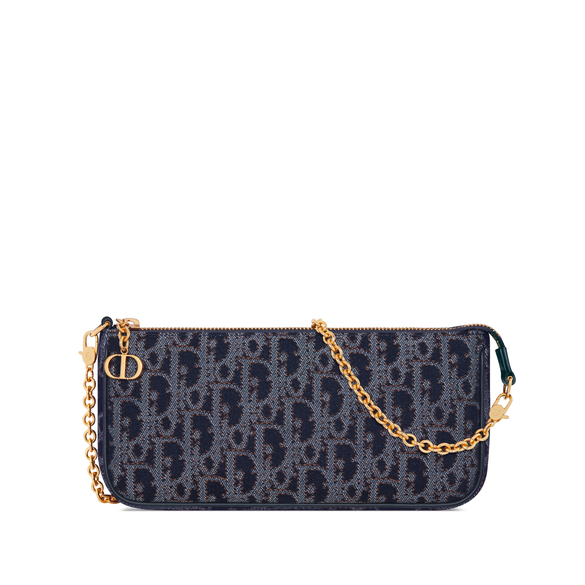 30 Montaigne Pouch mit Kette Dior Oblique Denim in Blau und Tabakbraun mit kontrastierenden Steppnähten E01