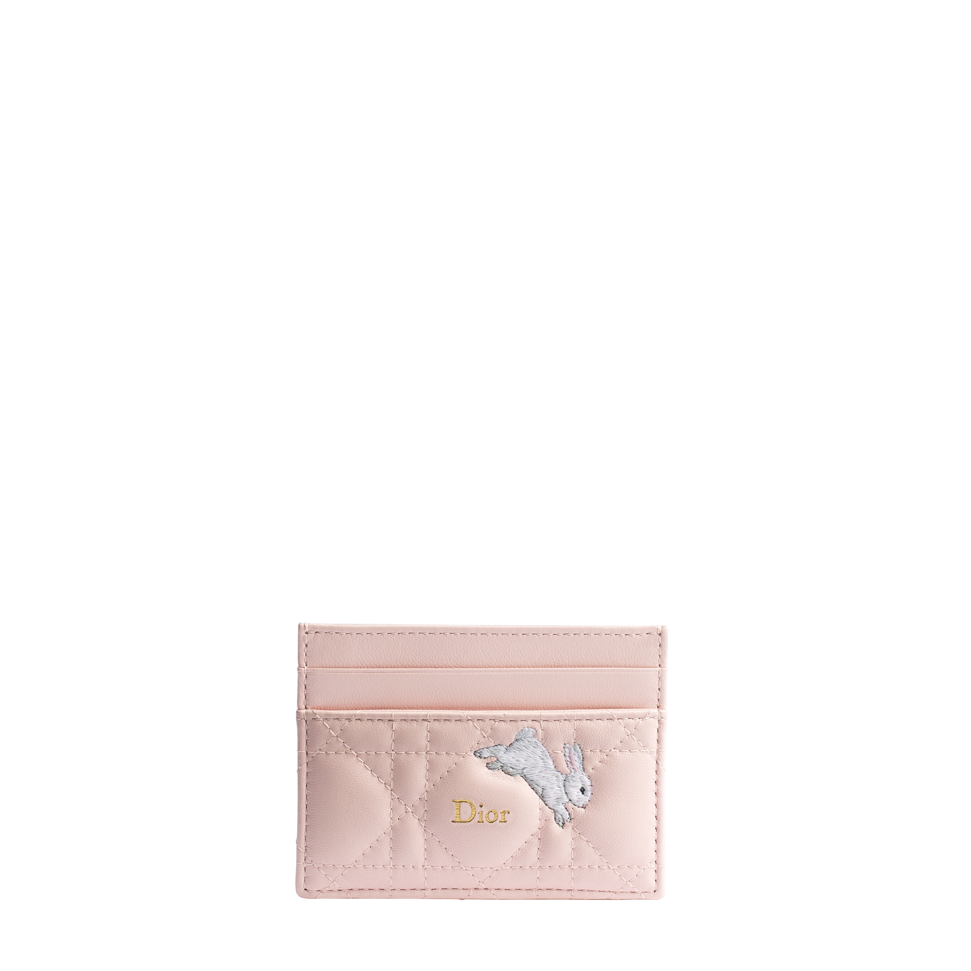 Dior Freesia Card Holder Pink Cannage Lambskin with White Funny Bunny Embroidery E01