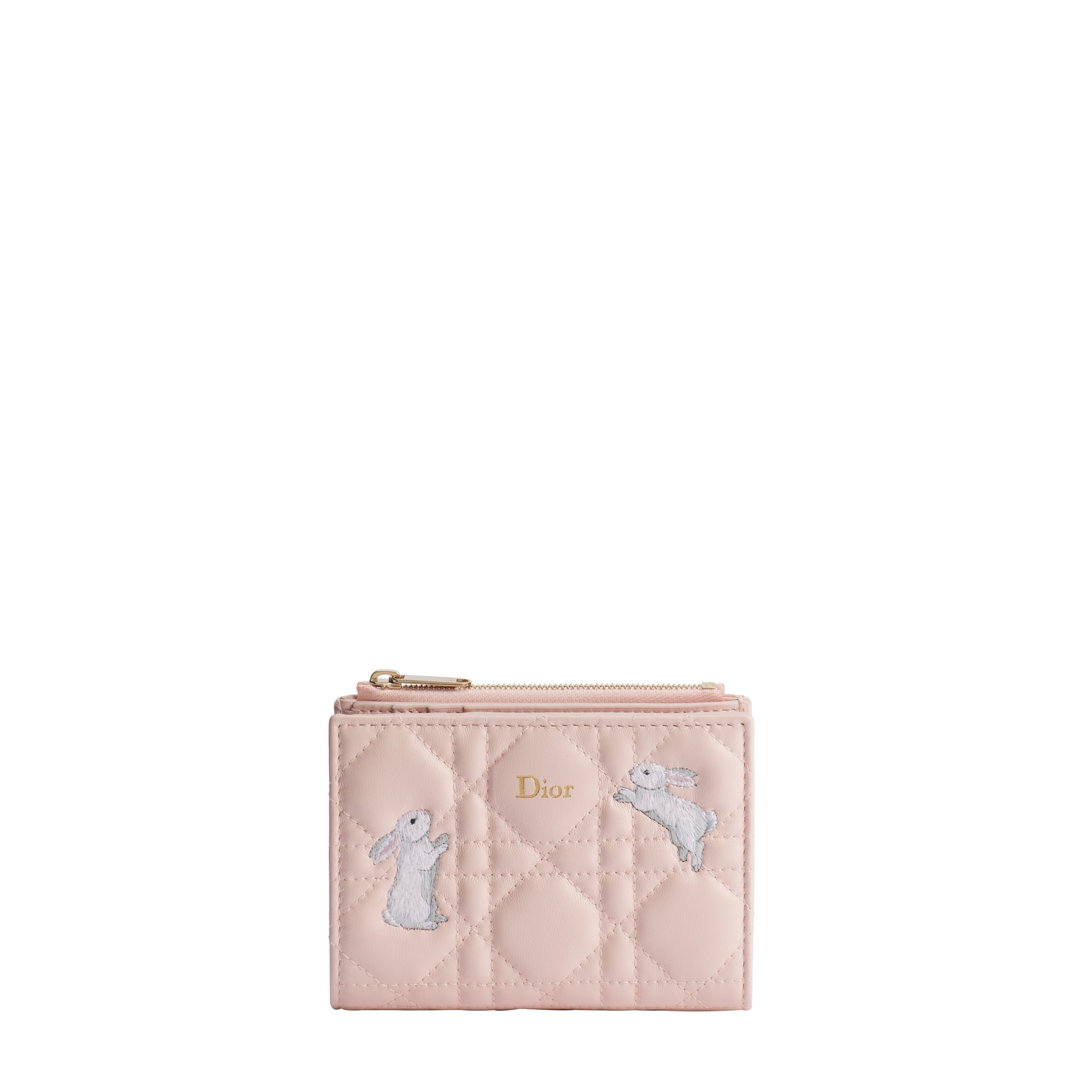 Dior Dahlia Wallet Pink Cannage Lambskin with White Funny Bunny Embroidery E01