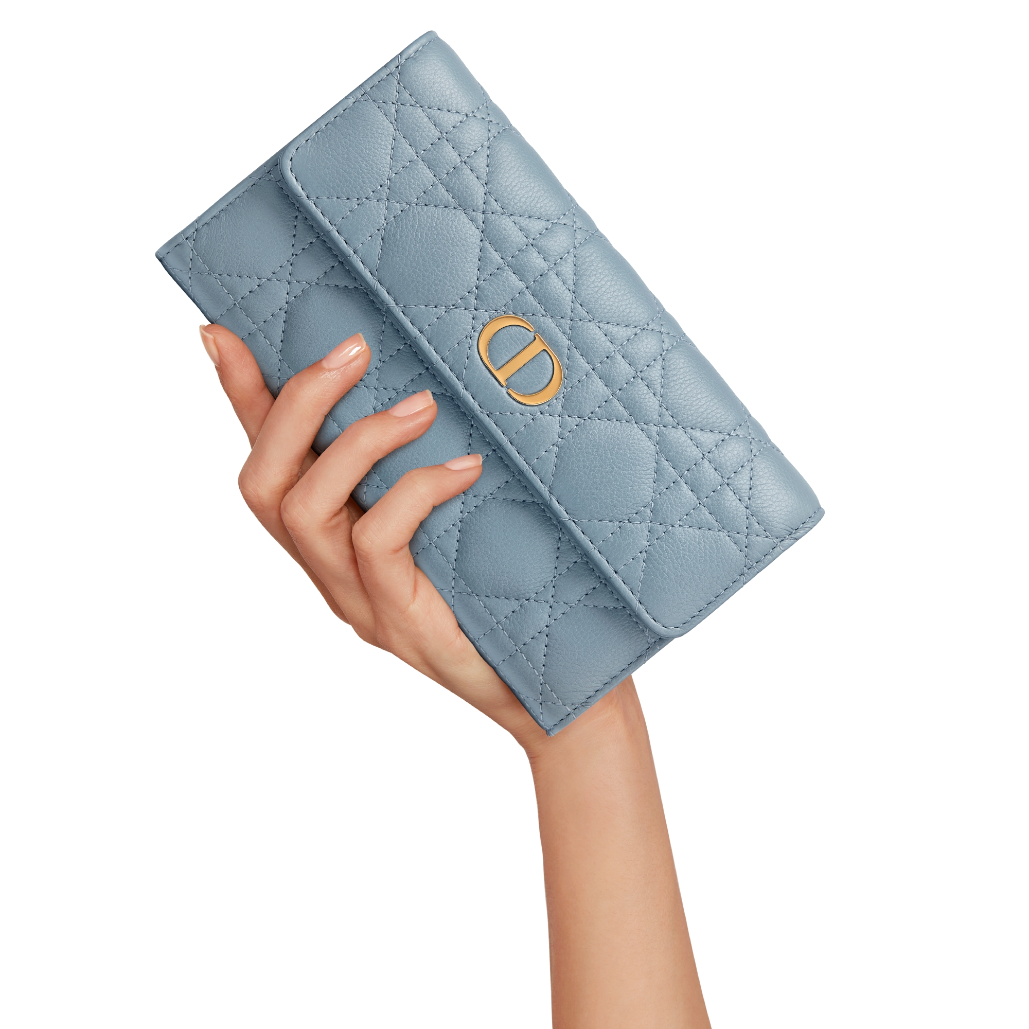 Langes Dior Caro Orchid Portemonnaie Weiches Cannage Kalbsleder in Wolkenblau E11