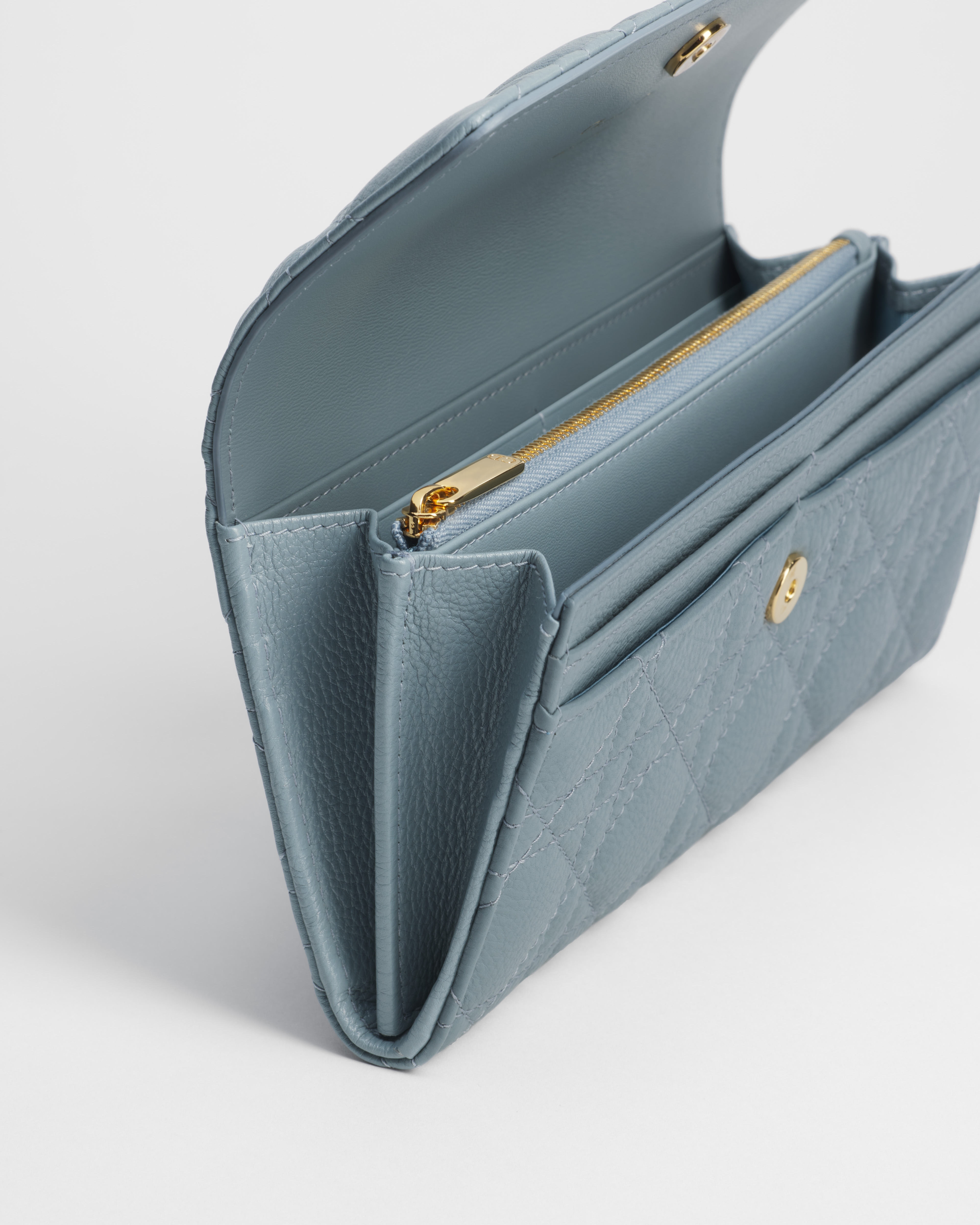 Dior Caro Orchid Long Wallet Cloud Blue Supple Cannage Calfskin E07