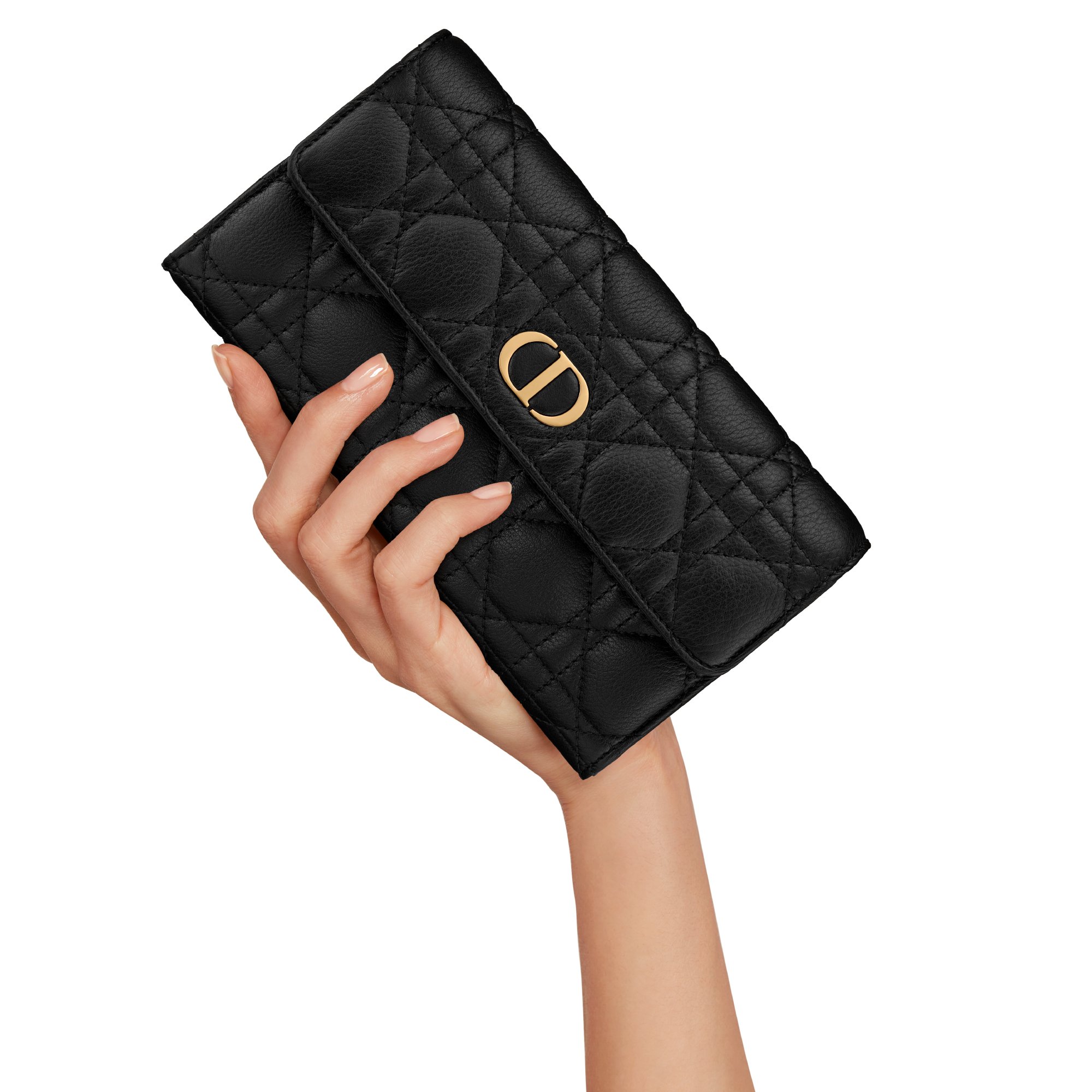 Dior Caro Orchid Long Wallet Black Supple Cannage Calfskin | DIOR
