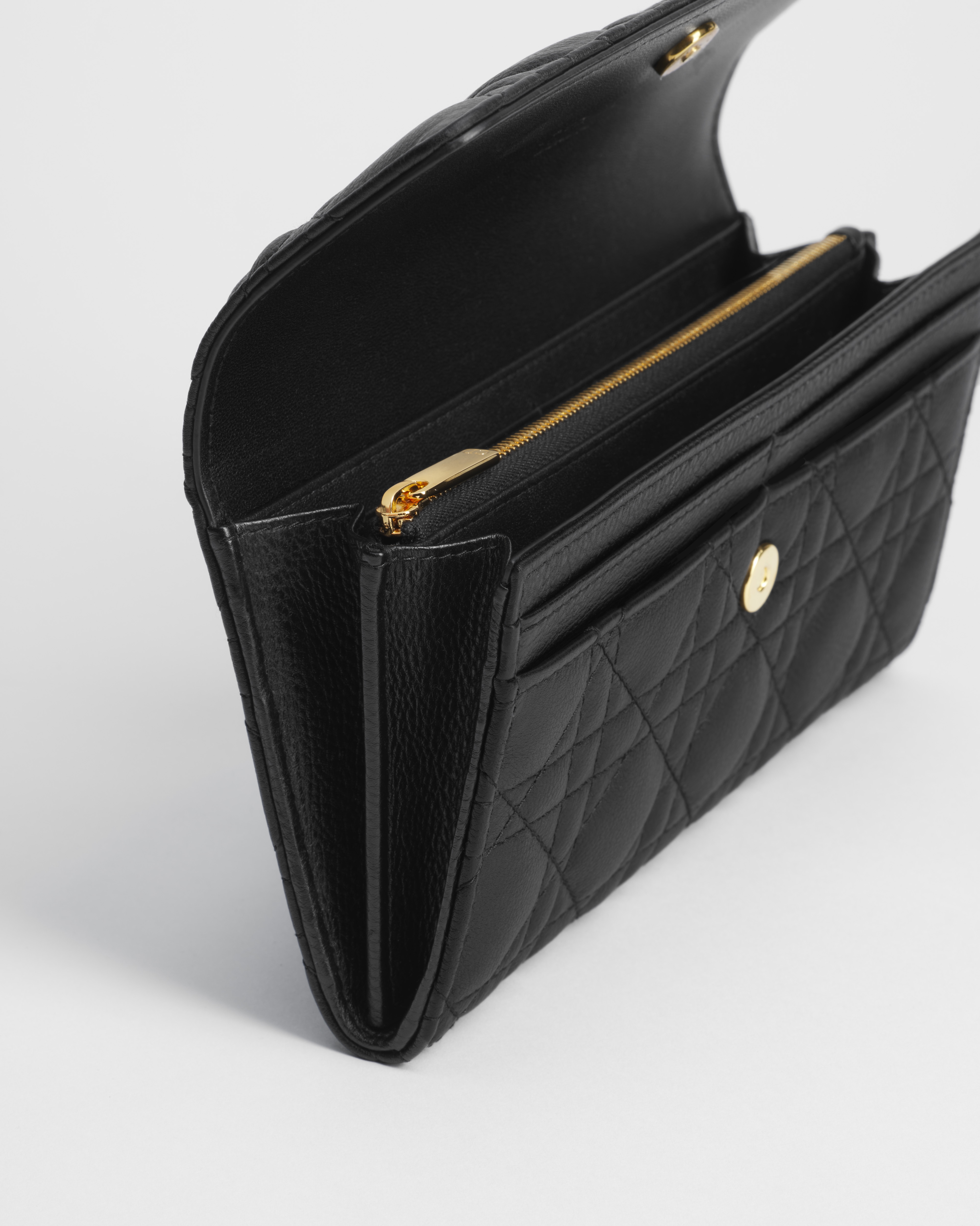 Dior Caro Orchid Long Wallet Black Supple Cannage Calfskin E07