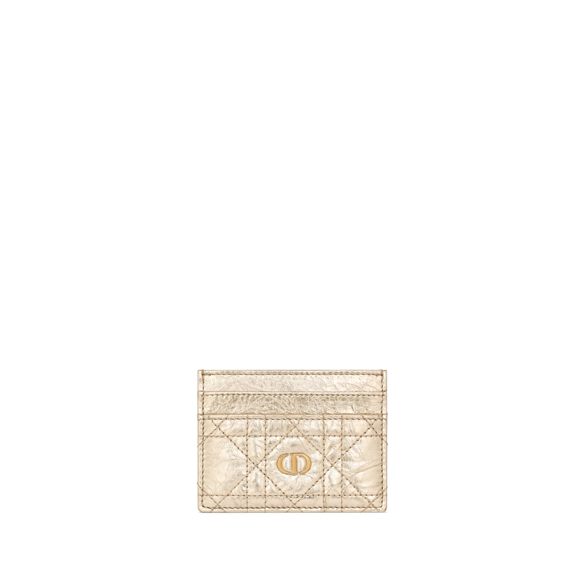 Dior Caro Freesia Card Holder Metallic Gold-Tone Crinkled Flat Cannage Calfskin E01