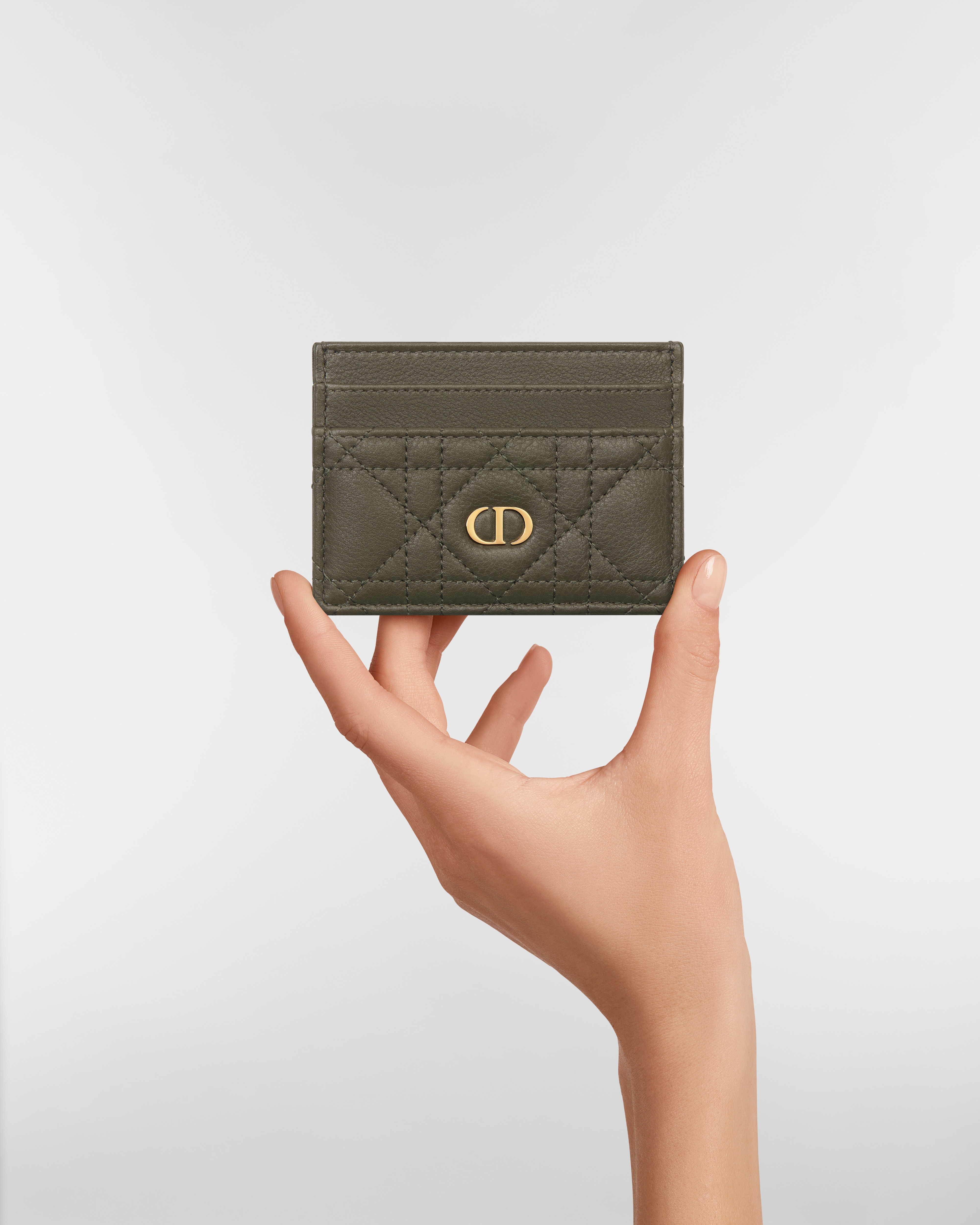 Dior Caro Freesia Card Holder Olive Taupe Supple Cannage Calfskin E11