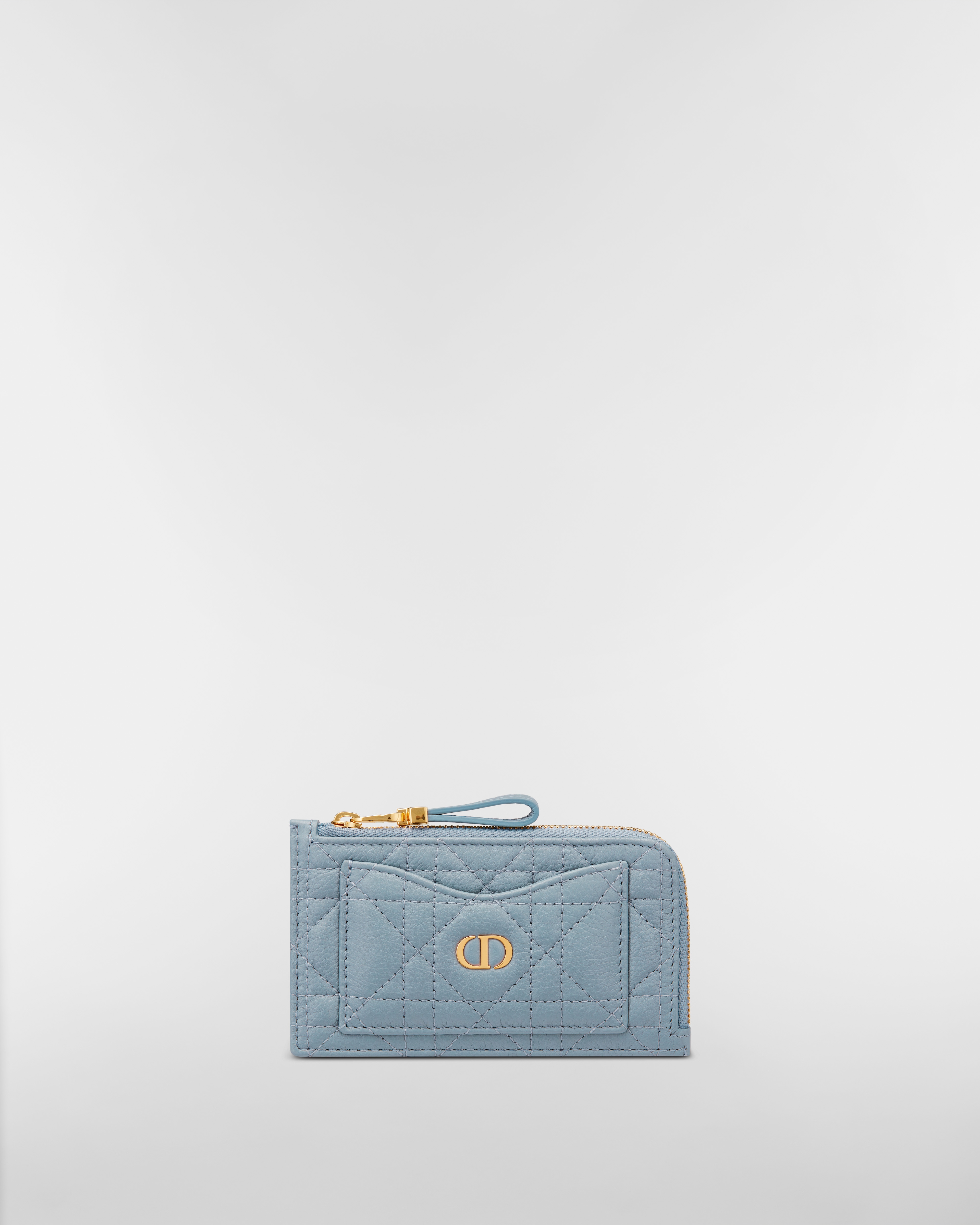 Porta-cartões Dior Caro Cosmos com zíper Couro de vitelo Cannage maleável azul-nuvem E01