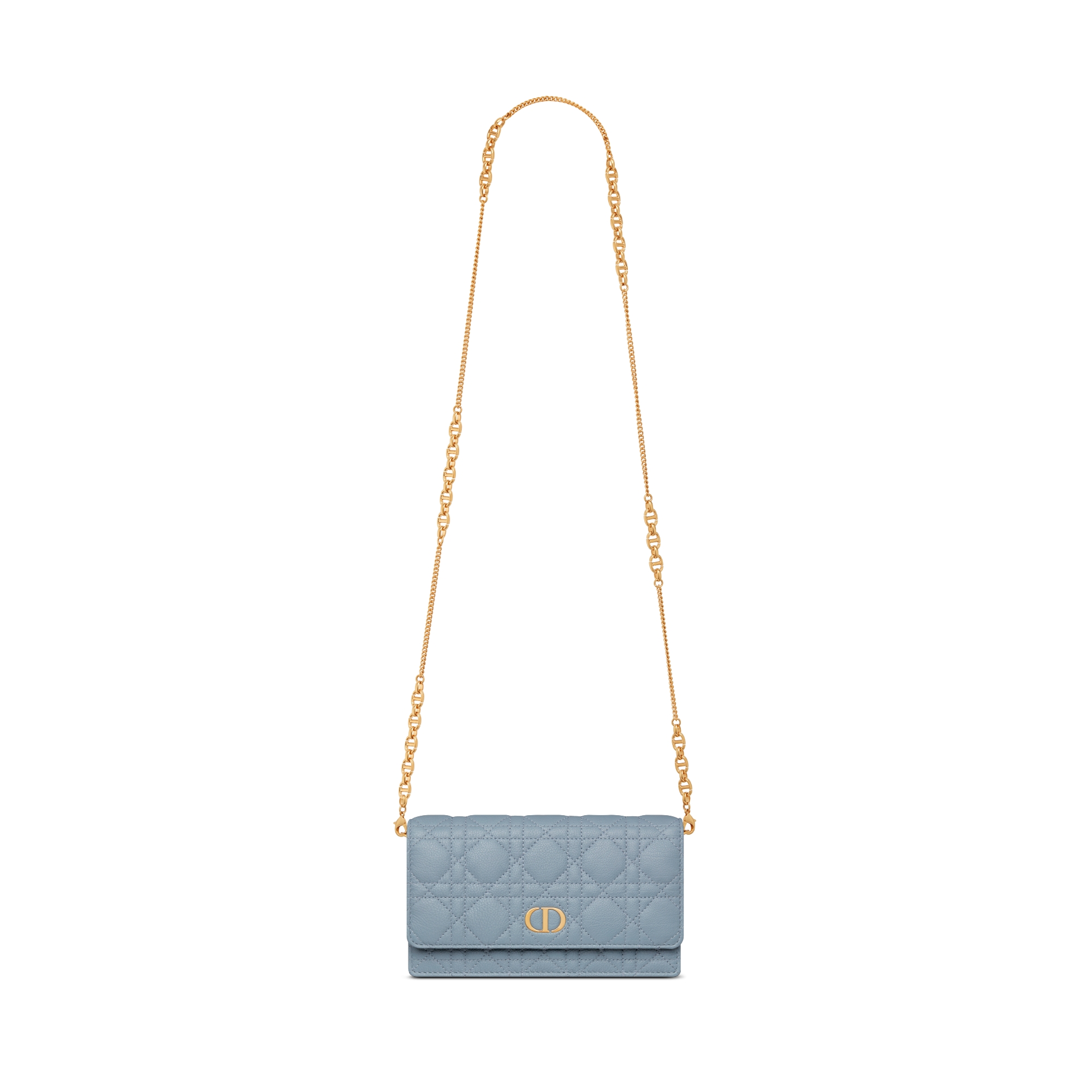 Dior Caro 鏈帶小袋 雲藍色柔軟 Cannage 藤格紋圖案小牛皮 E07