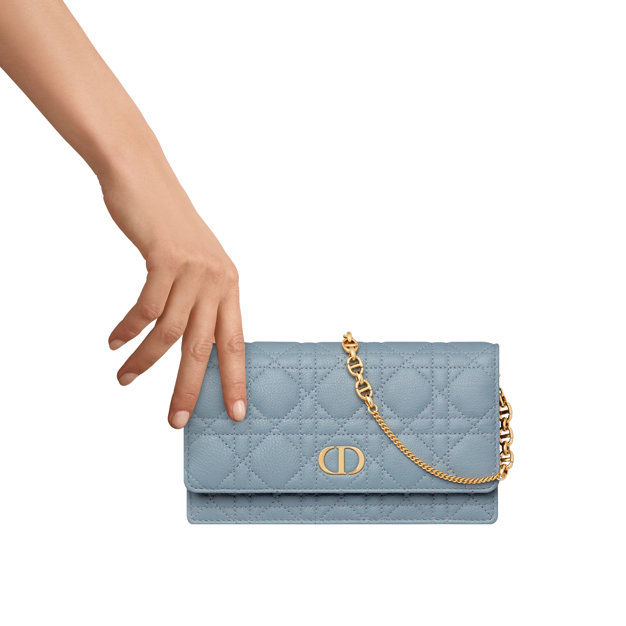 Dior Caro 鏈帶小袋 雲藍色柔軟 Cannage 藤格紋圖案小牛皮 E11