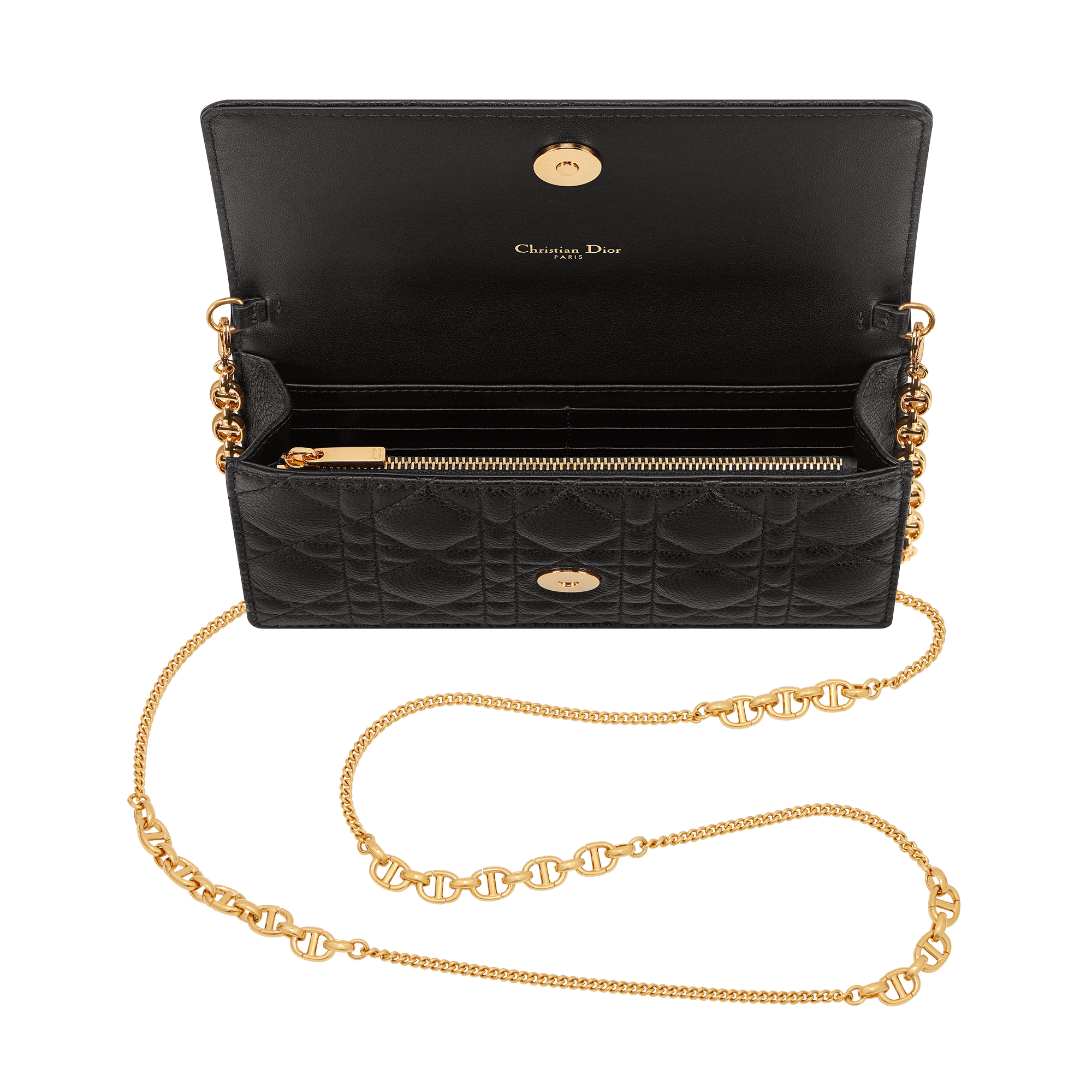 Dior Caro Pouch with Chain Black Supple Cannage Calfskin E06