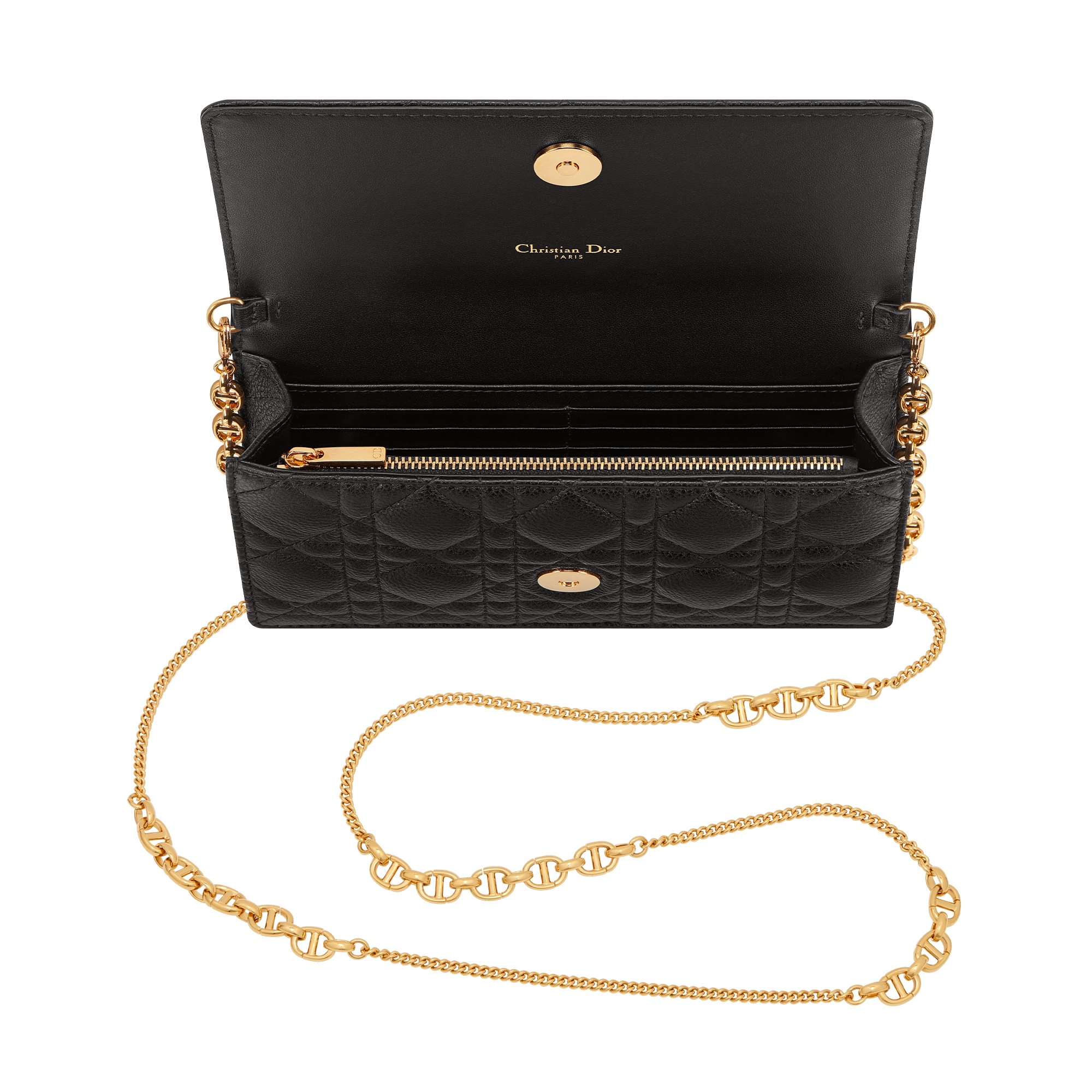 Dior Caro Pouch with Chain Black Supple Cannage Calfskin E06