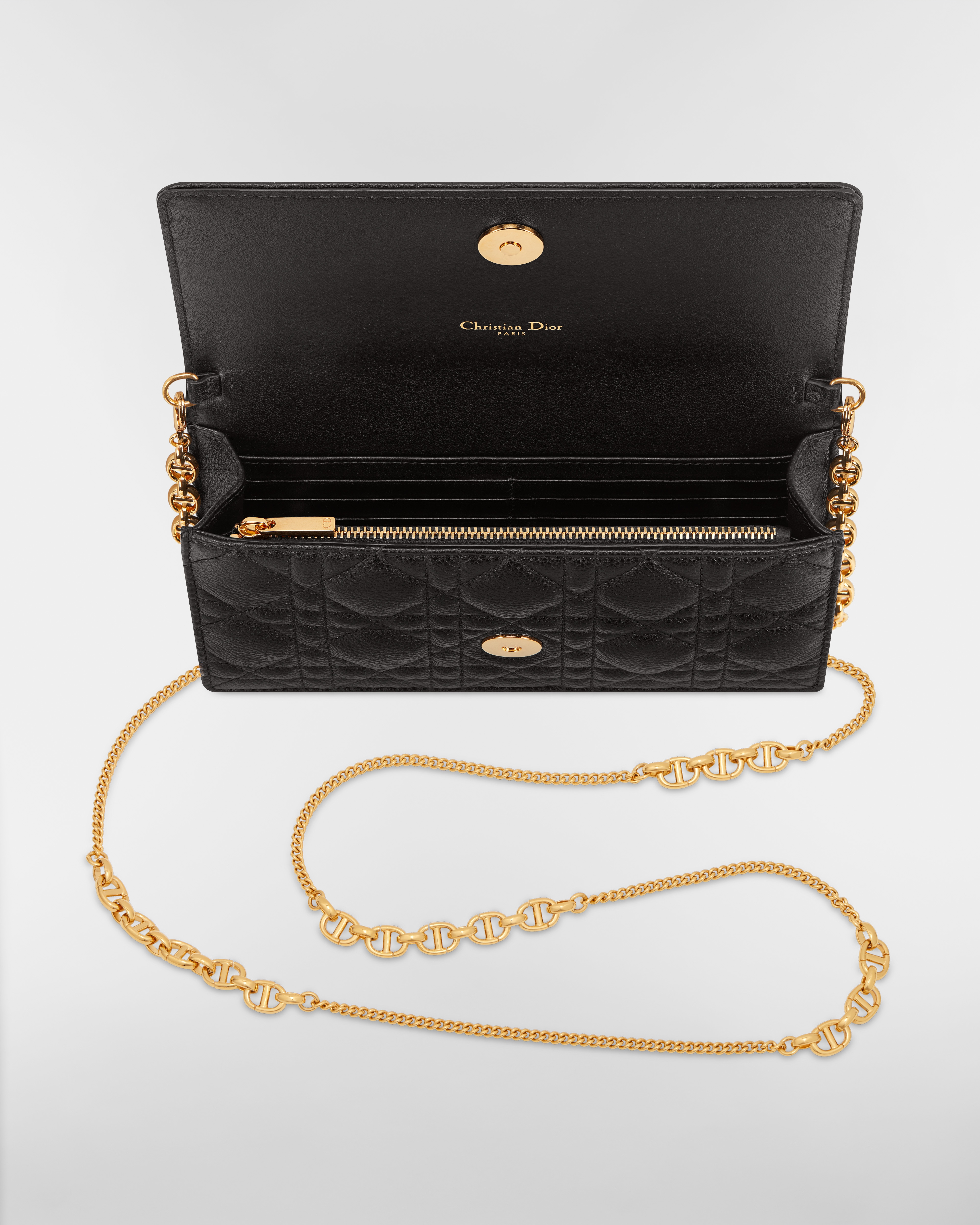 Dior Caro Pouch mit Kette Weiches Cannage Kalbsleder in Schwarz E06