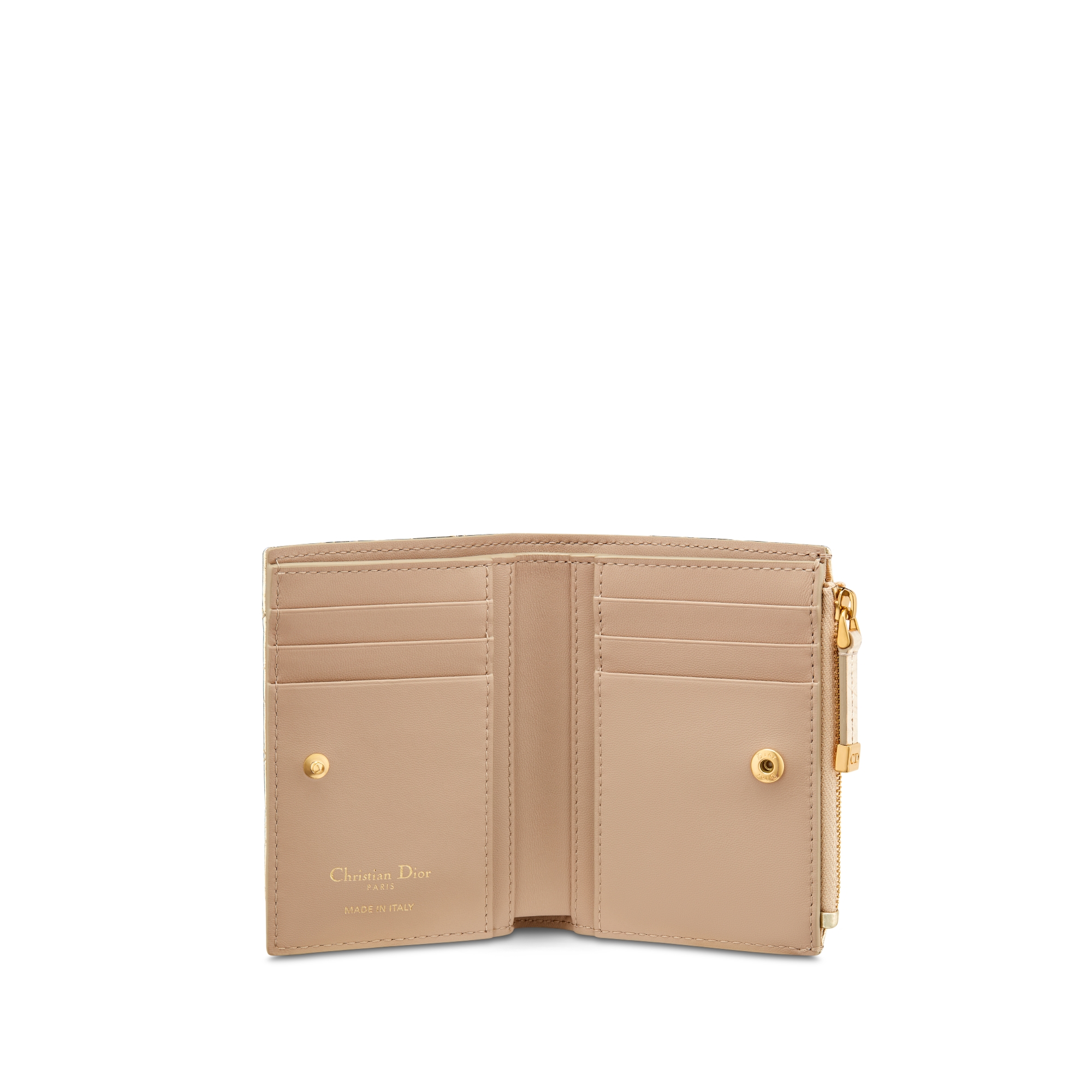 Dior Caro Dahlia 지갑 메탈릭 골드 톤 크링클 플랫 까나쥬 송아지 가죽 E07