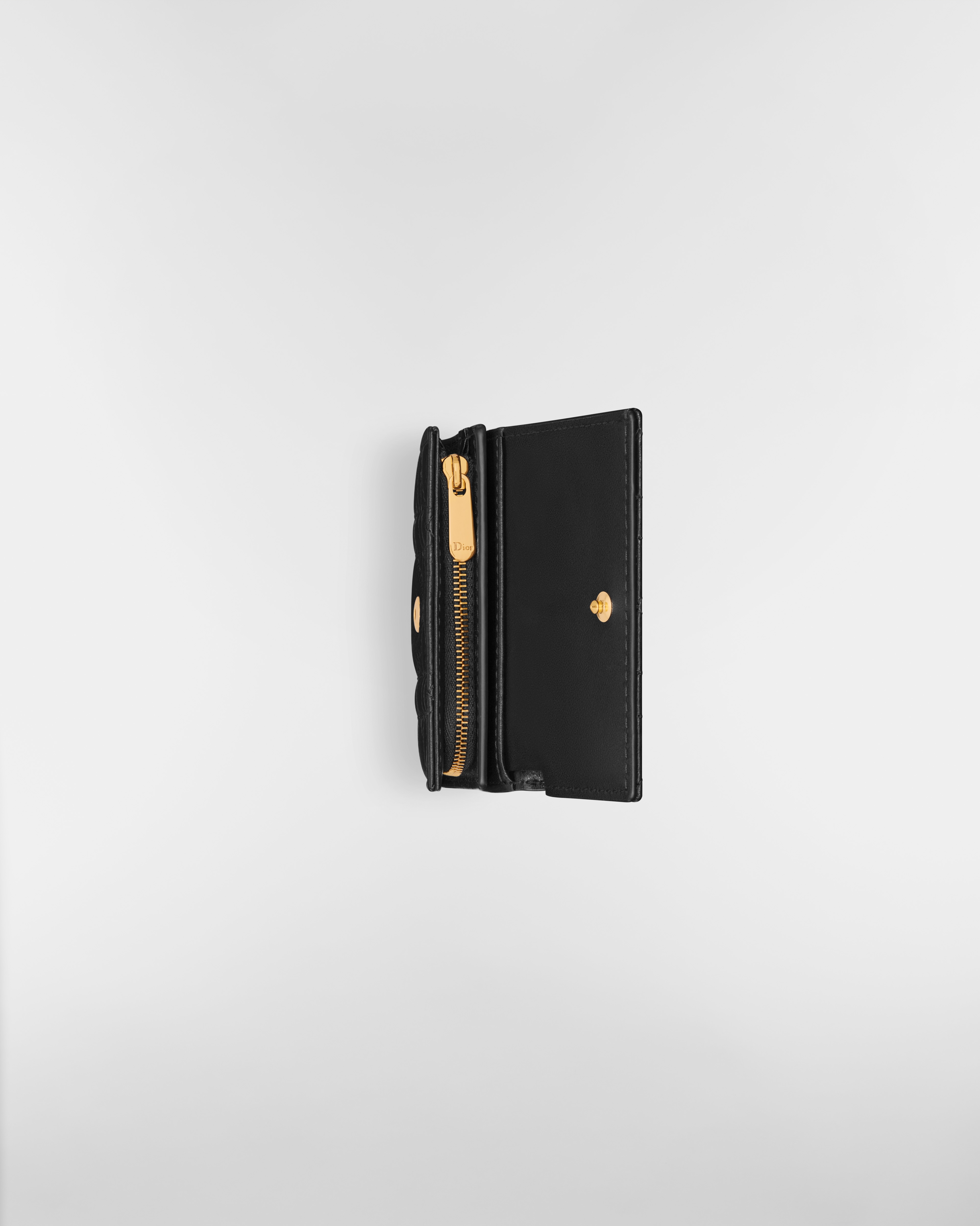 Dior Caro Hibiscus L-Zip Wallet Black Supple Cannage Calfskin E06