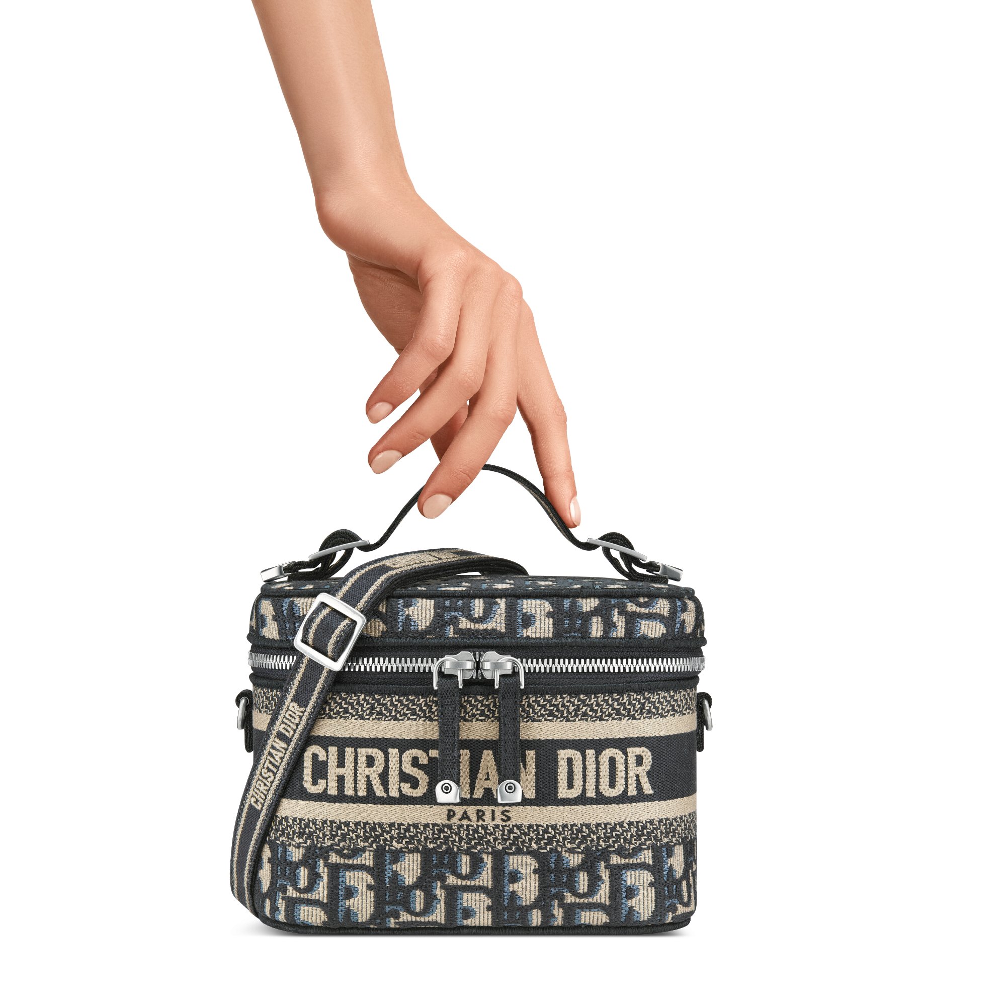 Small DiorTravel Vanity Case with Shoulder Strap Blue Dior Oblique Embroidery DIOR