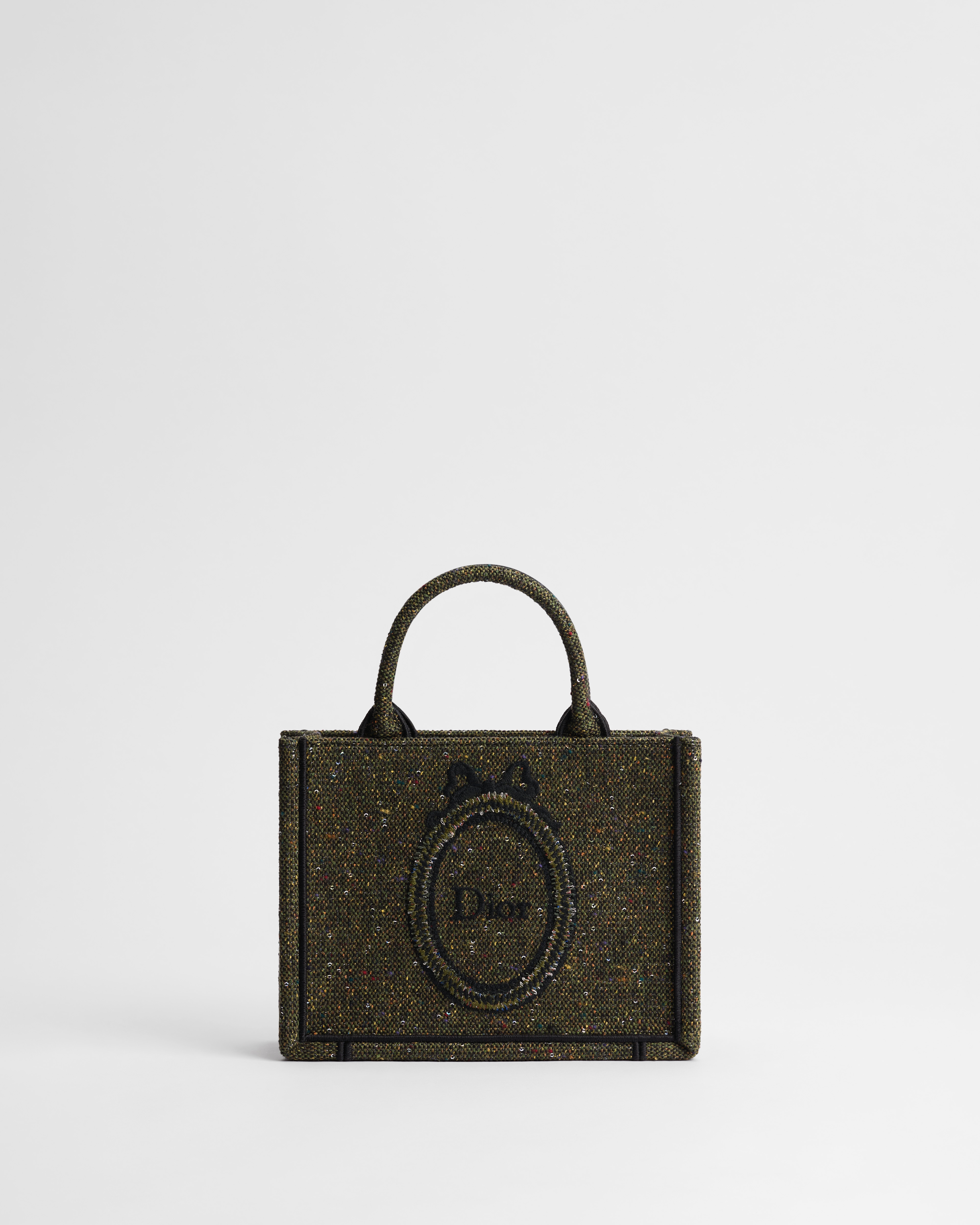 Mini Dior Book Tote met schouderband Kaki Donegal-tweed met opgeborduurde pailletten en Dior Médaillon (20,5 x 16 x 7 cm) E01