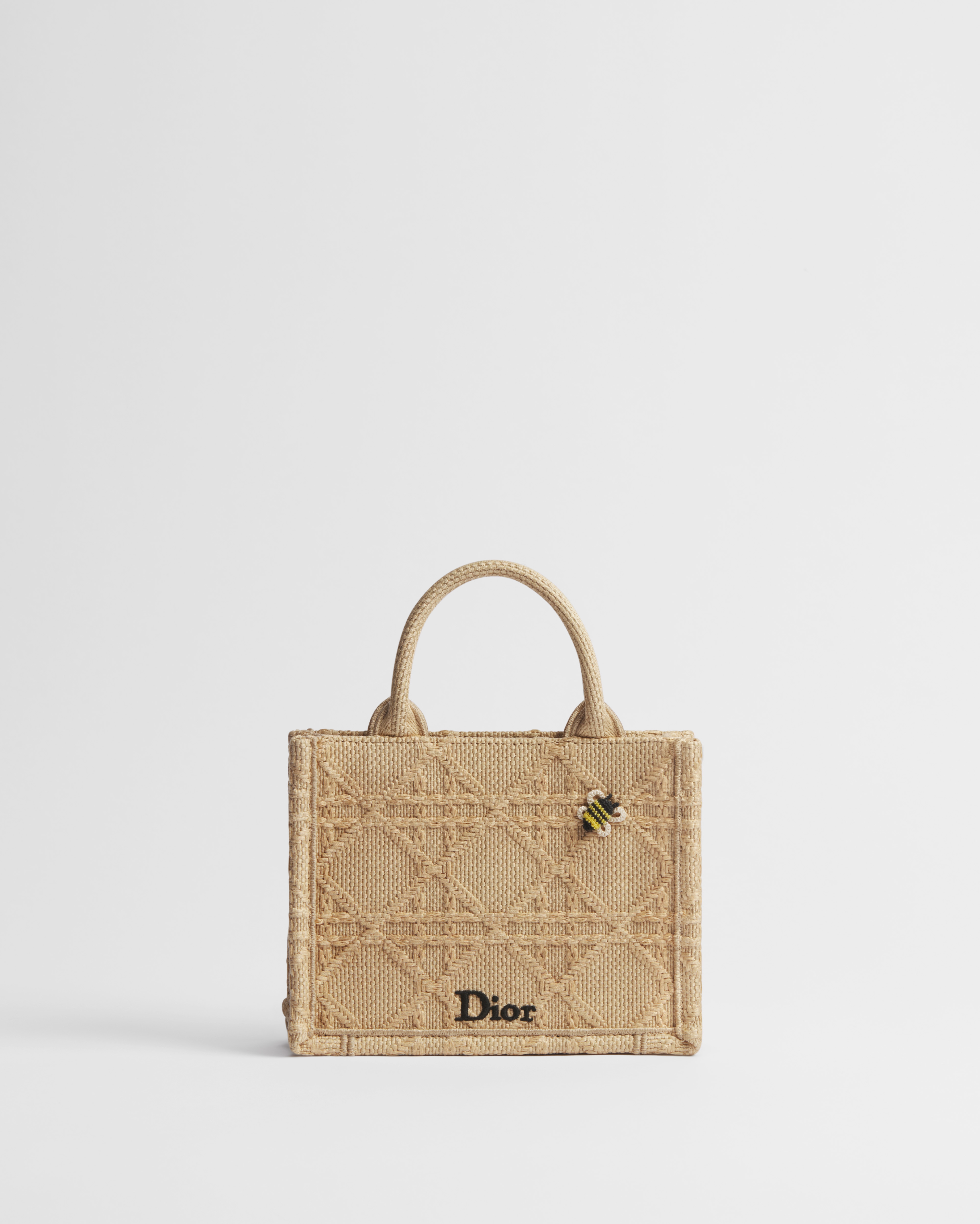 Mini Dior Book Tote mit Schulterriemen Cannage Raffiabast in Naturfarbe (20,5 x 16 x 7 cm) E01