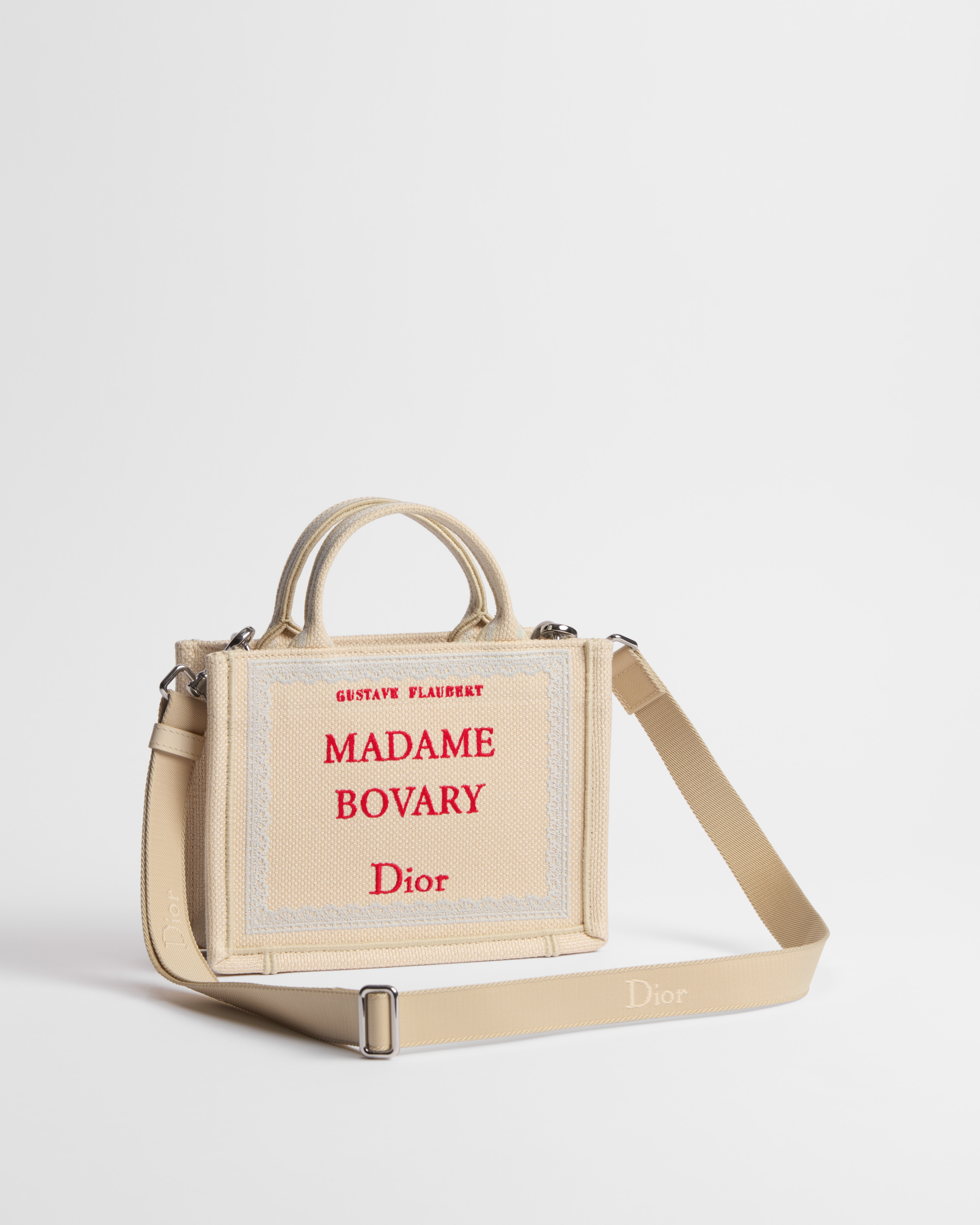 Mini Dior Book Tote mit Schulterriemen Book Cover-Stickerei in Beige und Rot (21 x 16 x 6,5 cm) E03