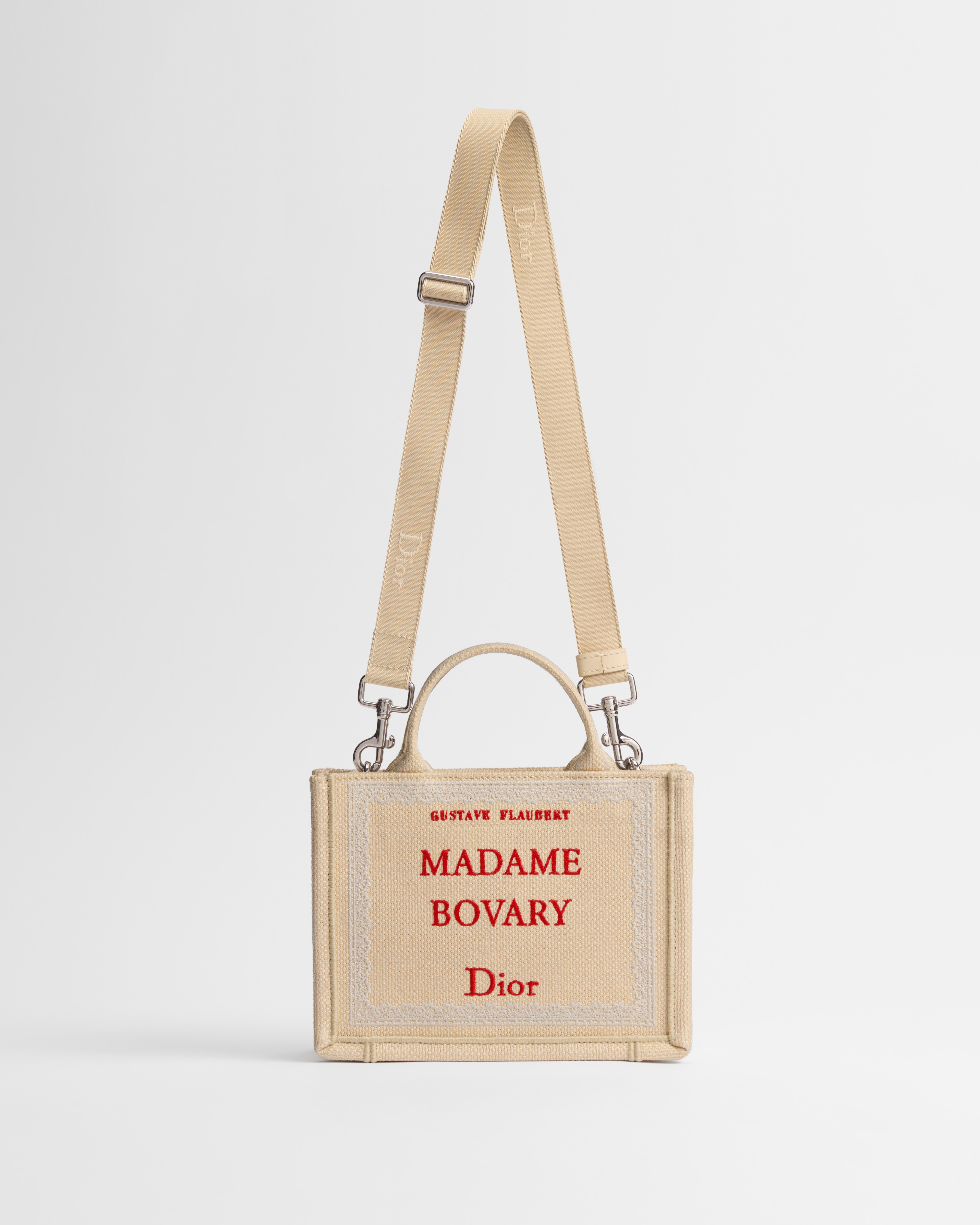 Mini Dior Book Tote mit Schulterriemen Book Cover-Stickerei in Beige und Rot (21 x 16 x 6,5 cm) E07