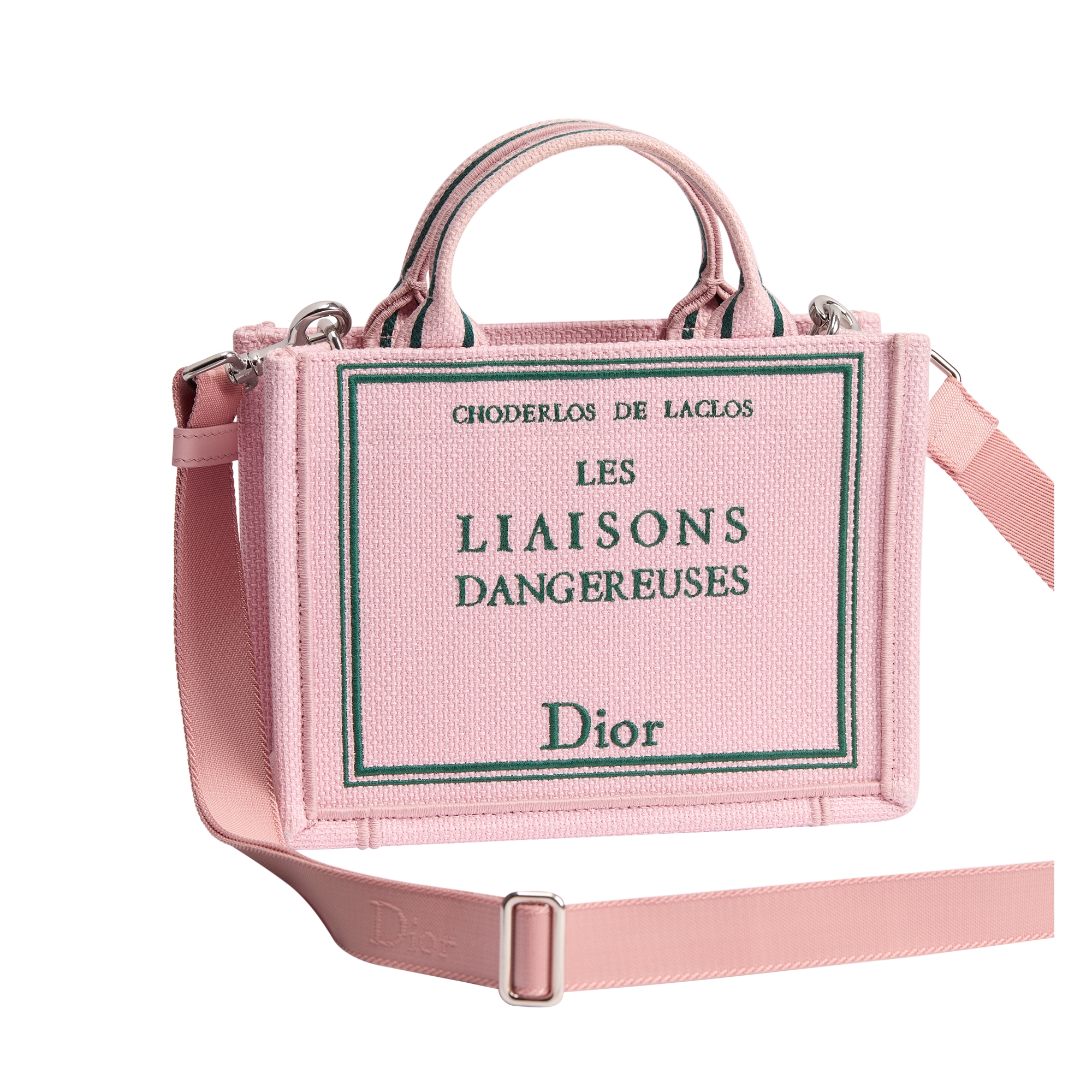 Mini Dior Book Tote with Strap Pink and Green Book Cover Embroidery (21 x 16 x 6.5 cm) E03