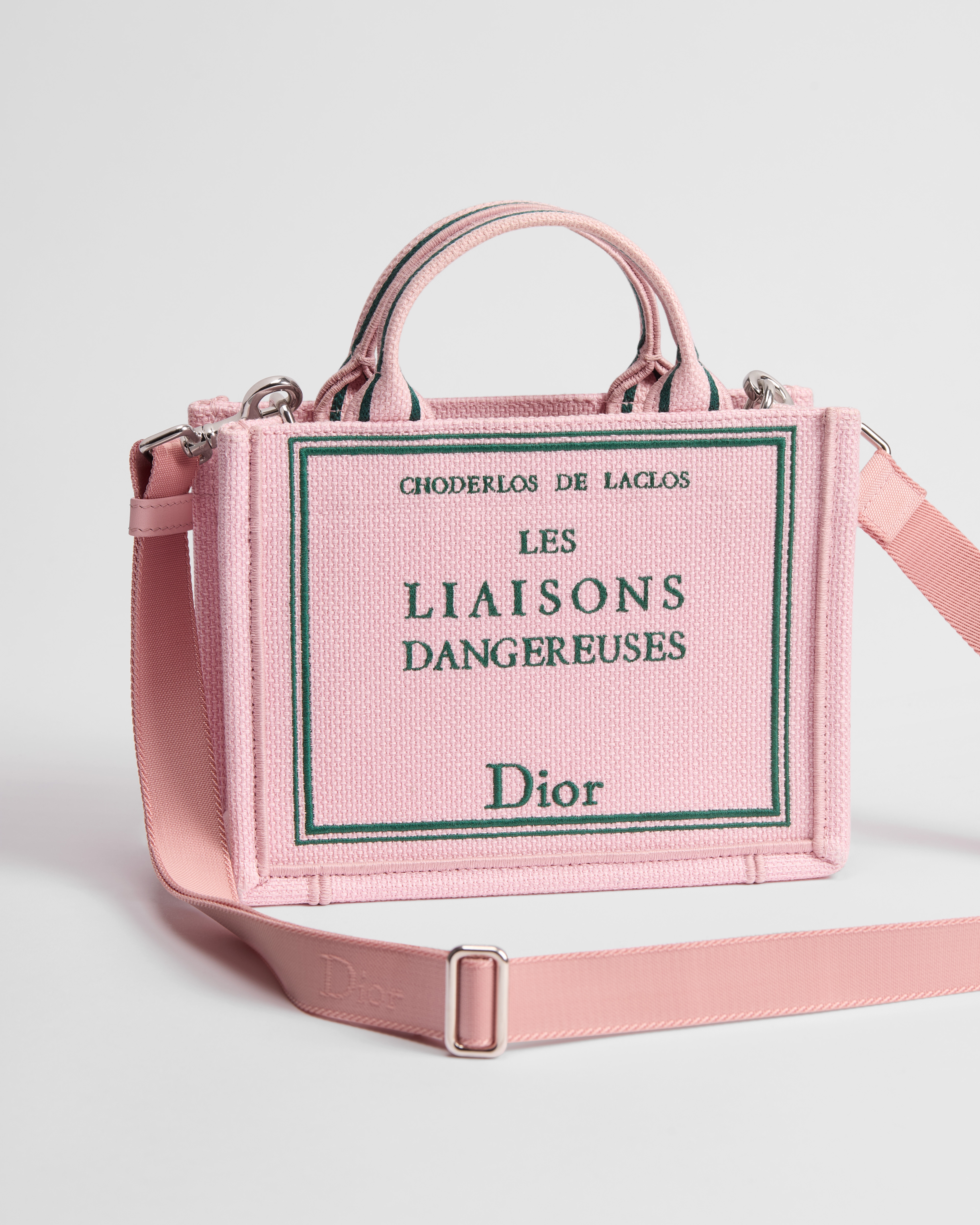Mini Dior Book Tote with Strap Pink and Green Book Cover Embroidery (21 x 16 x 6.5 cm) E03