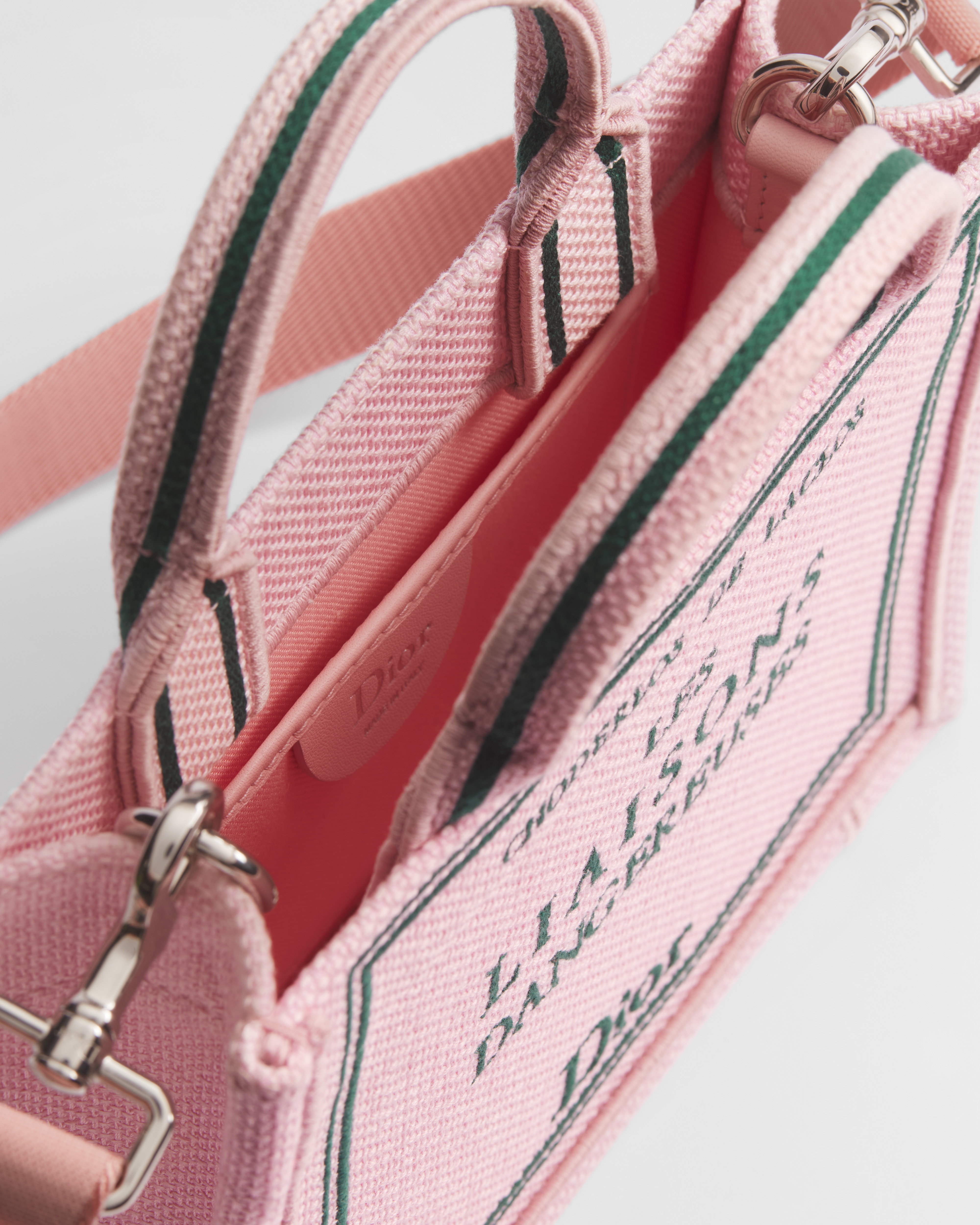 Mini Dior Book Tote with Strap Pink and Green Book Cover Embroidery (21 x 16 x 6.5 cm) E06