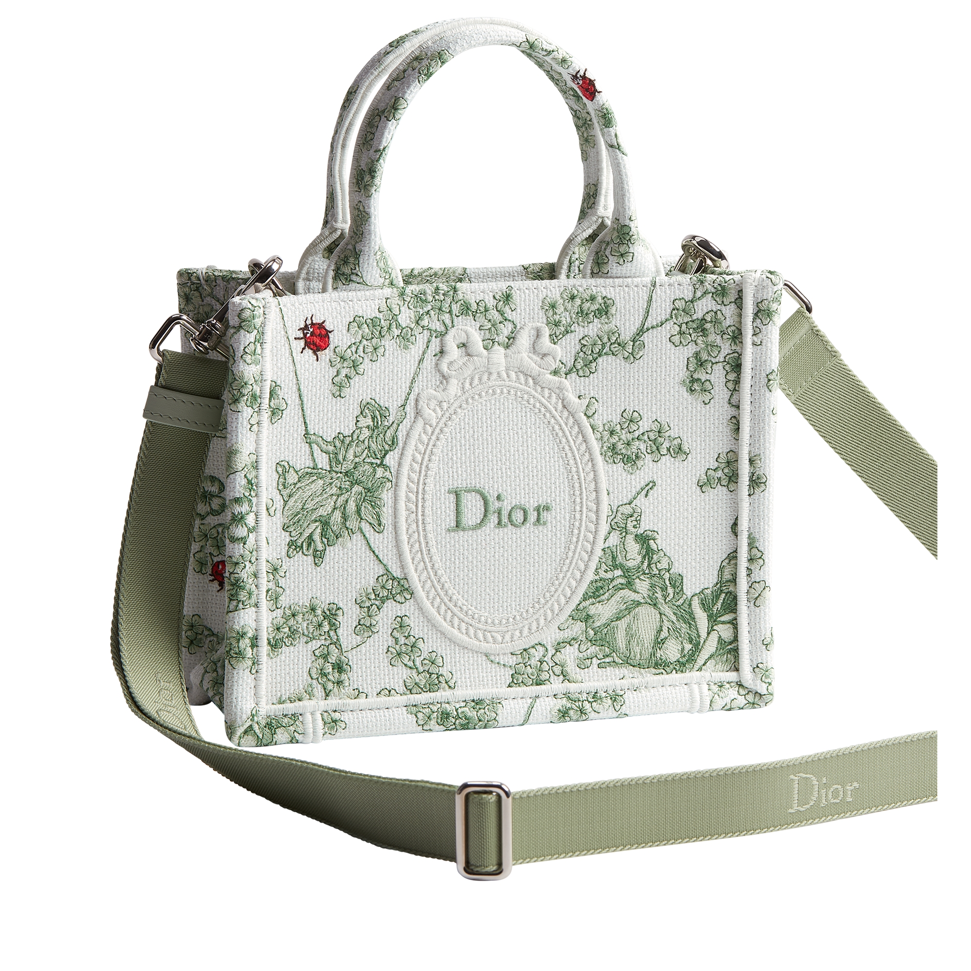 Mini Dior Book Tote with Strap Green and White Toile de Jouy Clover and Dior Médaillon Embroidery (21 x 16 x 6.5 cm) E03