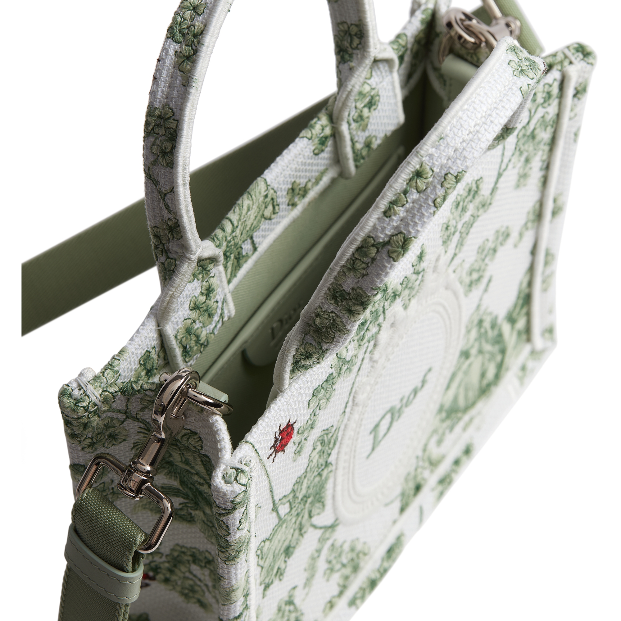 Mini Dior Book Tote with Strap Green and White Toile de Jouy Clover and Dior Médaillon Embroidery (21 x 16 x 6.5 cm) E06