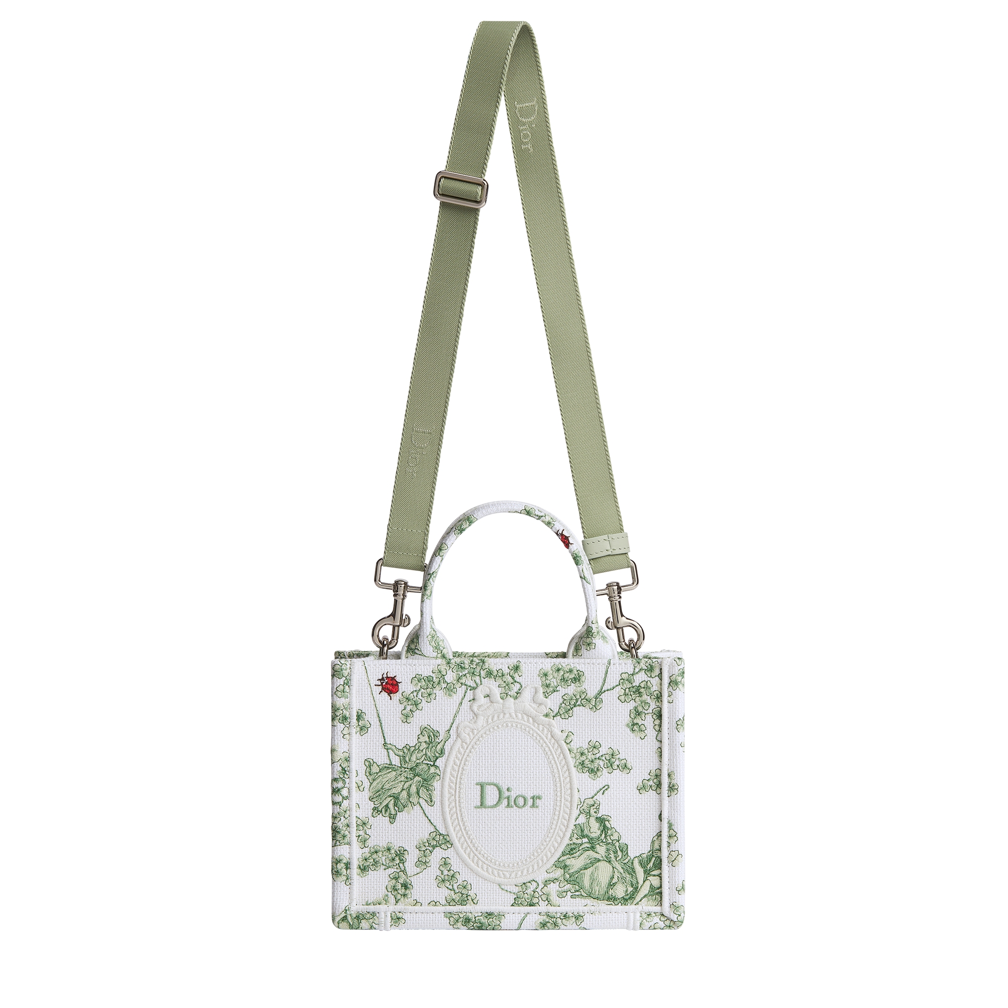 Mini Dior Book Tote with Strap Green and White Toile de Jouy Clover and Dior Médaillon Embroidery (21 x 16 x 6.5 cm) E07