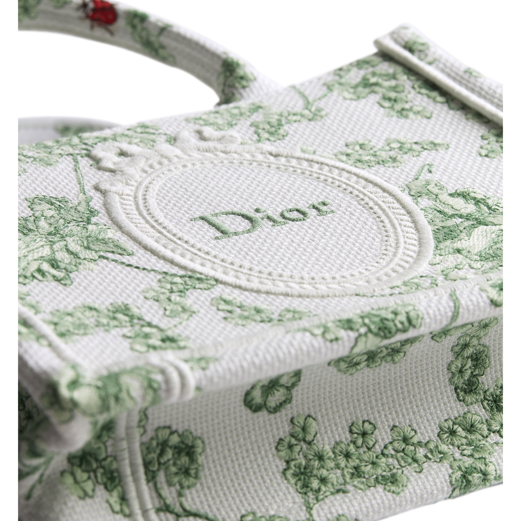 Mini Dior Book Tote with Strap Green and White Toile de Jouy Clover and Dior Médaillon Embroidery (21 x 16 x 6.5 cm) E09