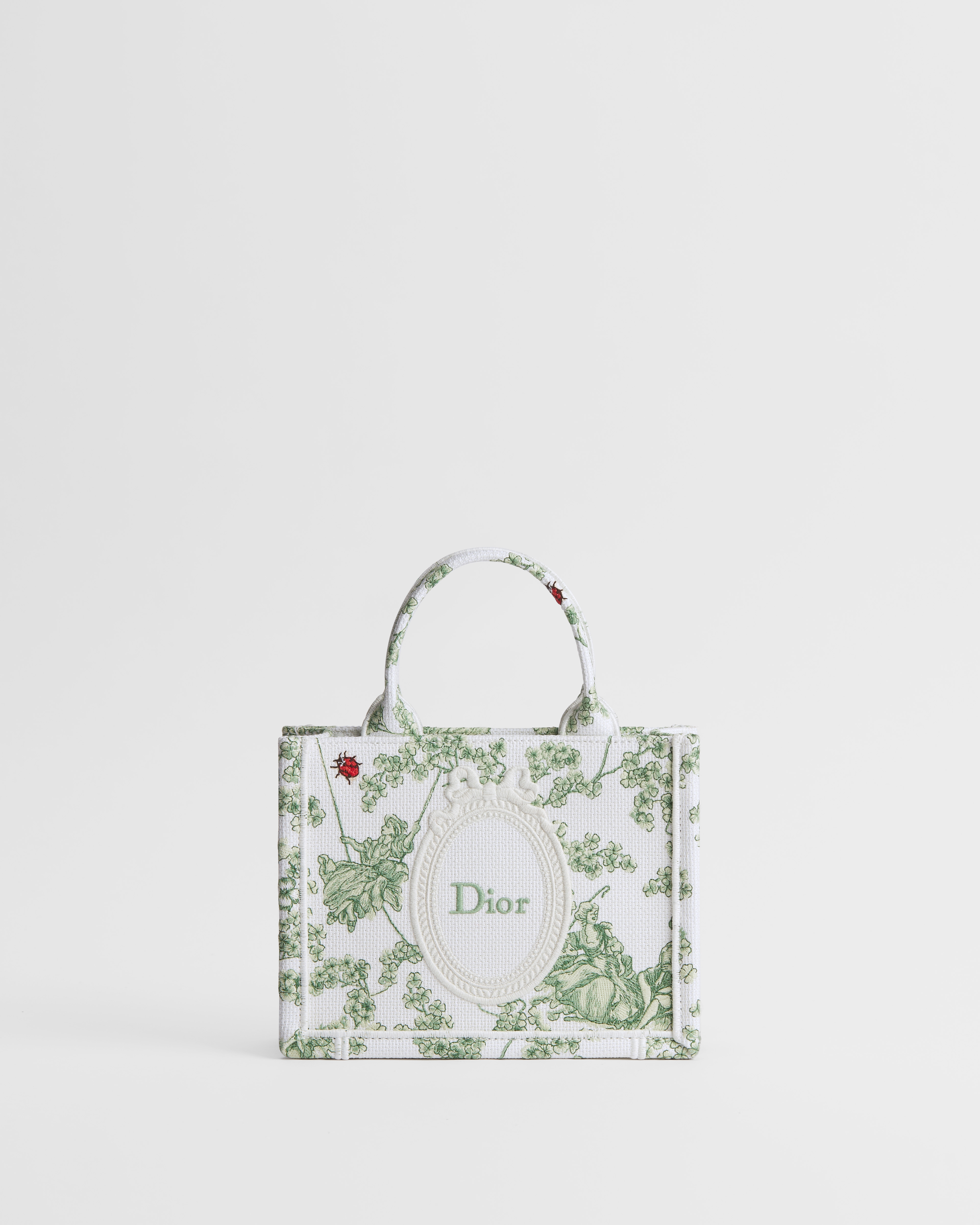 Mini Dior Book Tote mit Schulterriemen Toile de Jouy Clover und Dior Médaillon Stickerei in Grün und Weiß (21 x 16 x 6,5 cm) E01