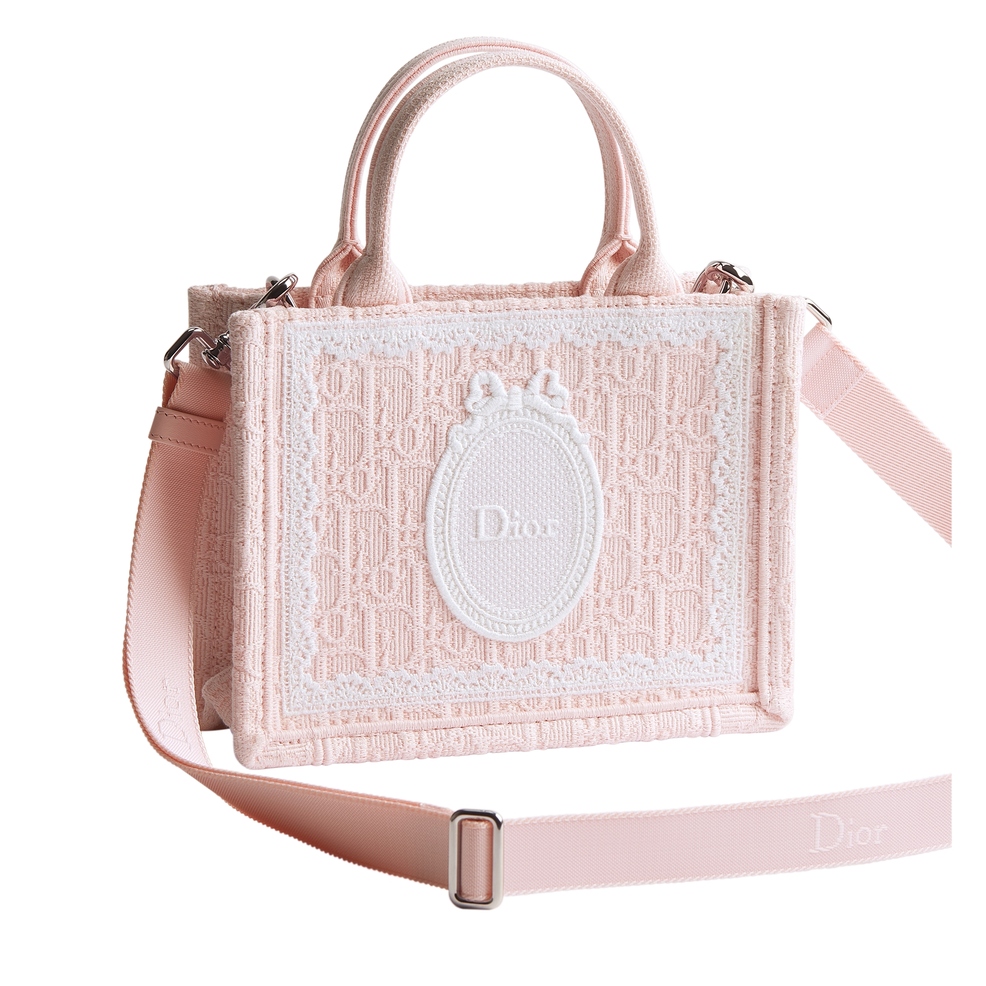 Mini Dior Book Tote with Strap Rose Soupir Dior Oblique Embroidery with White Lace and Dior Médaillon (21 x 16 x 6.5 cm) E03