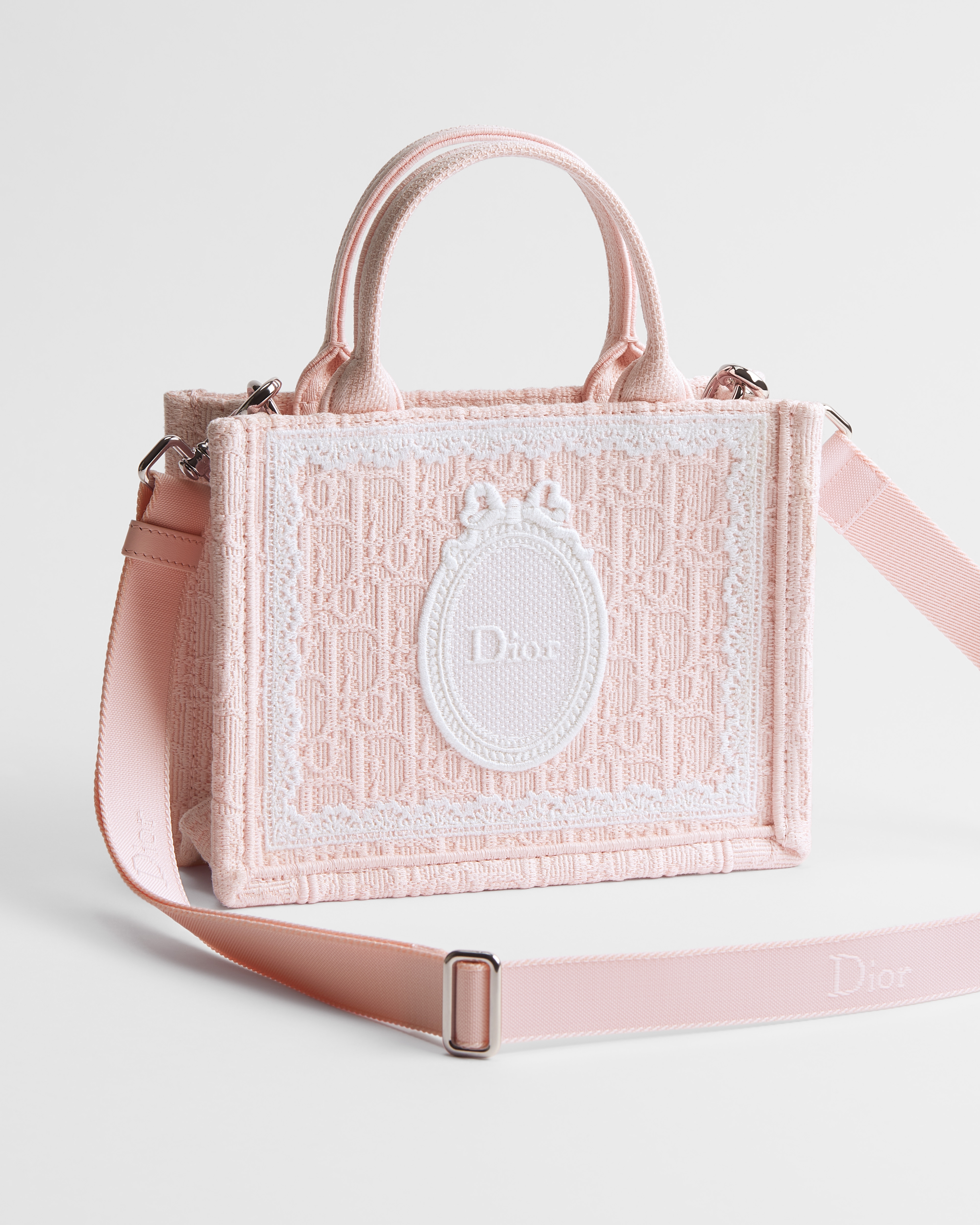 Mini Dior Book Tote with Strap Rose Soupir Dior Oblique Embroidery with White Lace and Dior Médaillon (21 x 16 x 6.5 cm) E03