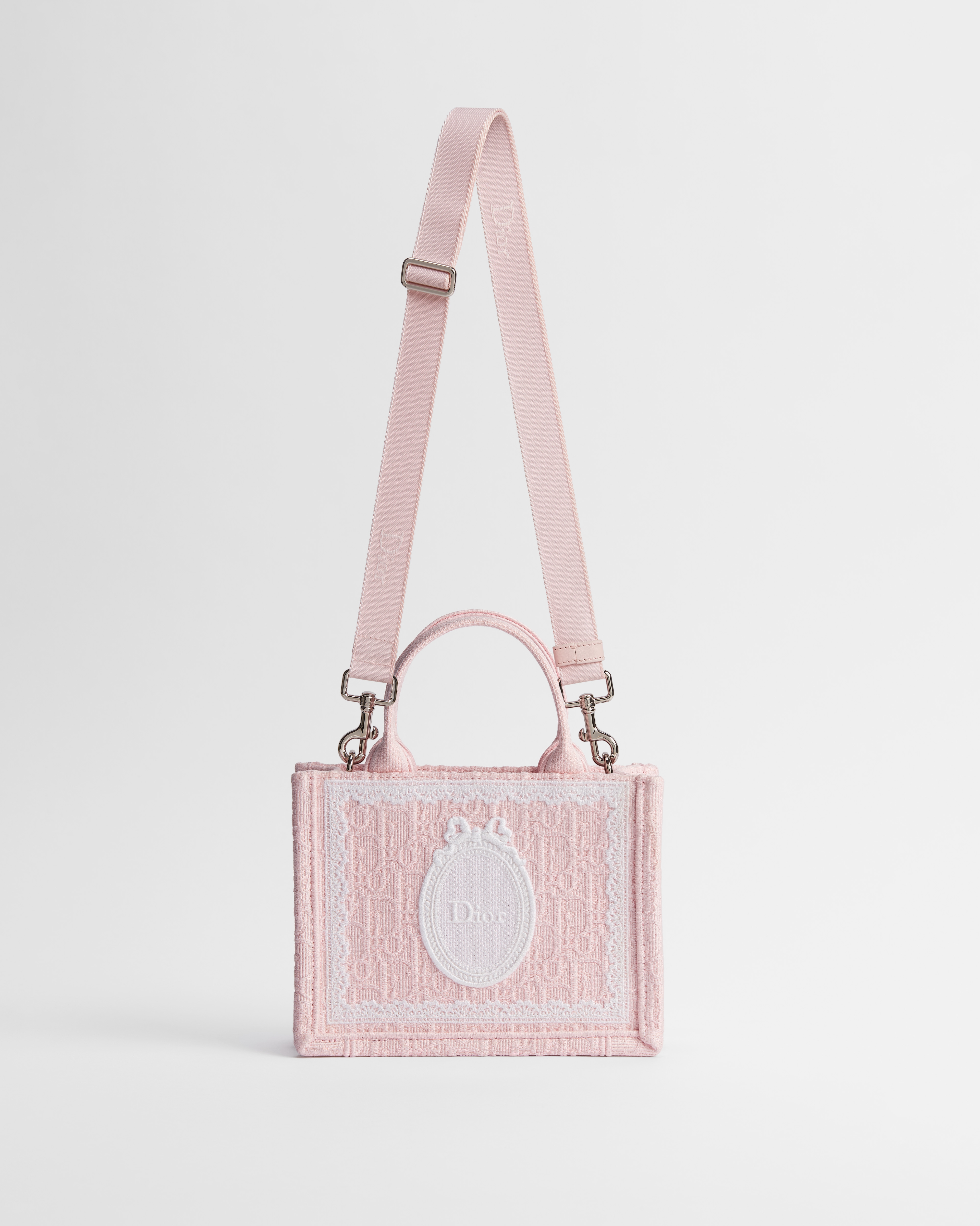 Mini Dior Book Tote with Strap Rose Soupir Dior Oblique Embroidery with White Lace and Dior Médaillon (21 x 16 x 6.5 cm) E07