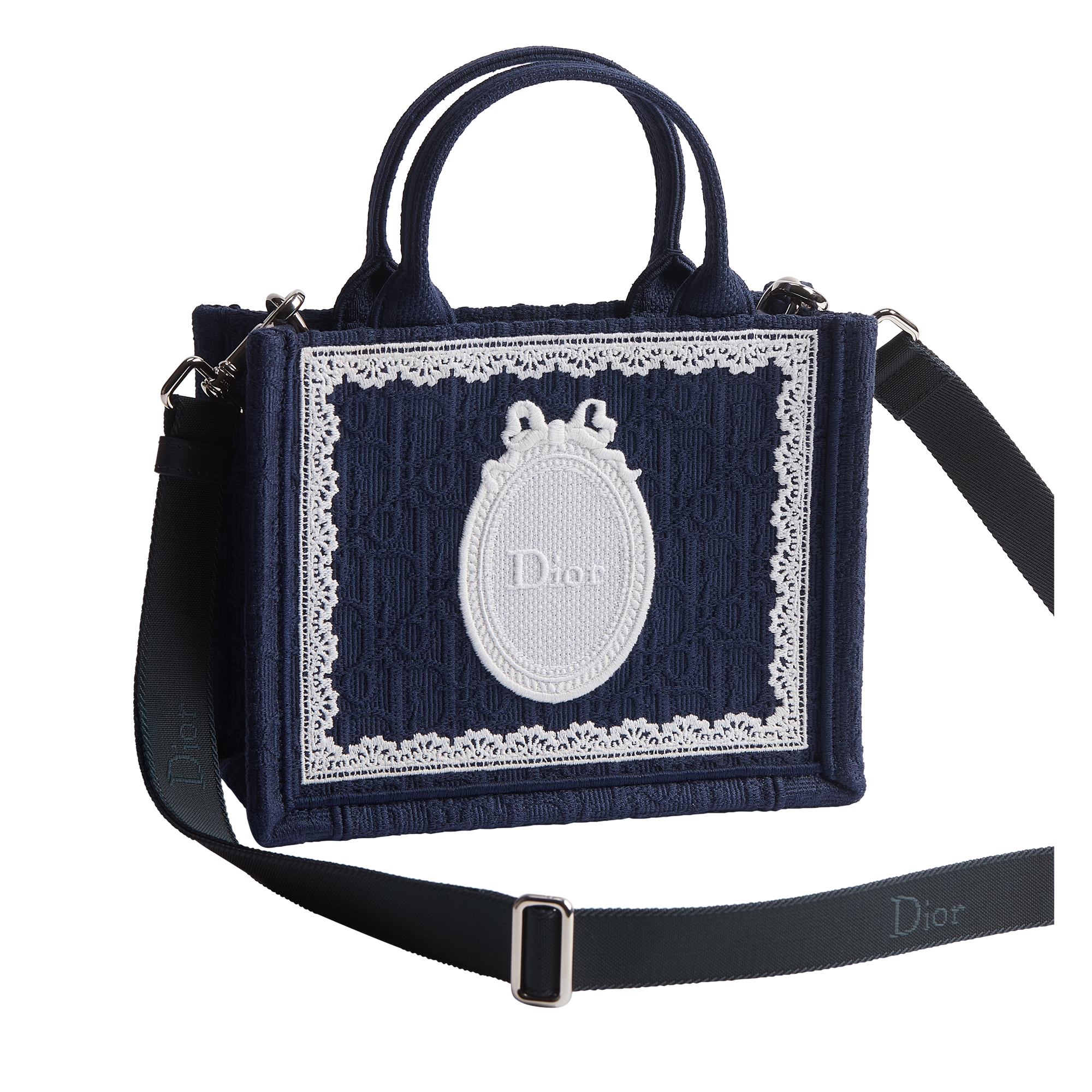 Mini Dior Book Tote with Strap Blue Dior Oblique Embroidery with White Lace and Dior Médaillon (21 x 16 x 6.5 cm) E03