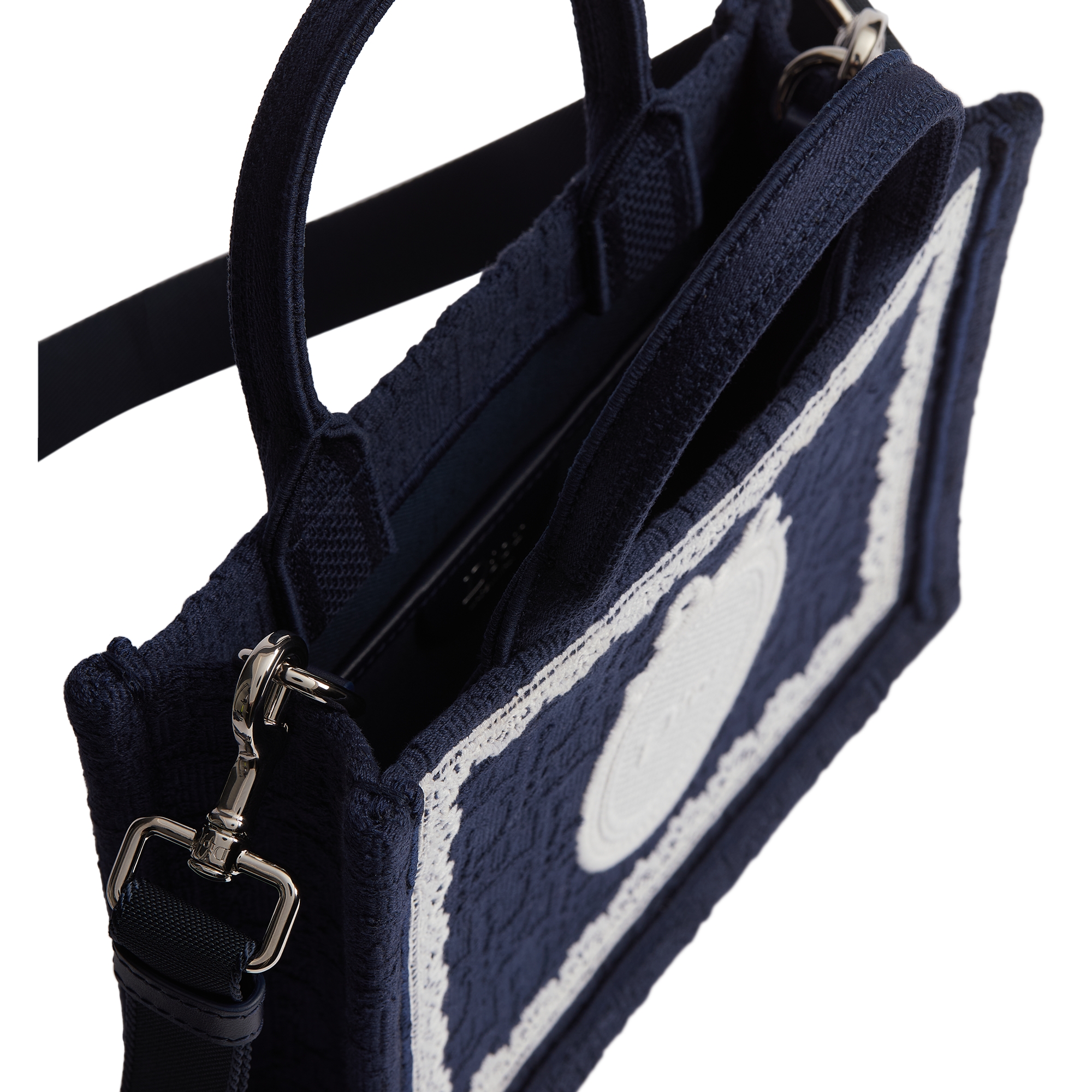 Mini Dior Book Tote with Strap Blue Dior Oblique Embroidery with White Lace and Dior Médaillon (21 x 16 x 6.5 cm) E06