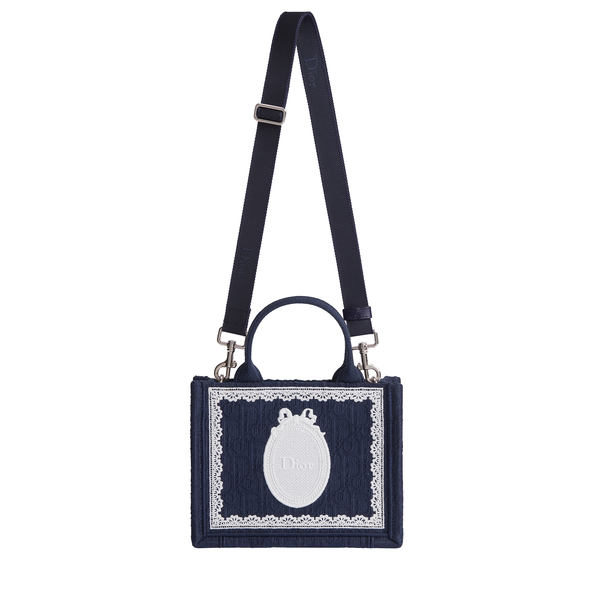 Mini Dior Book Tote with Strap Blue Dior Oblique Embroidery with White Lace and Dior Médaillon (21 x 16 x 6.5 cm) E07
