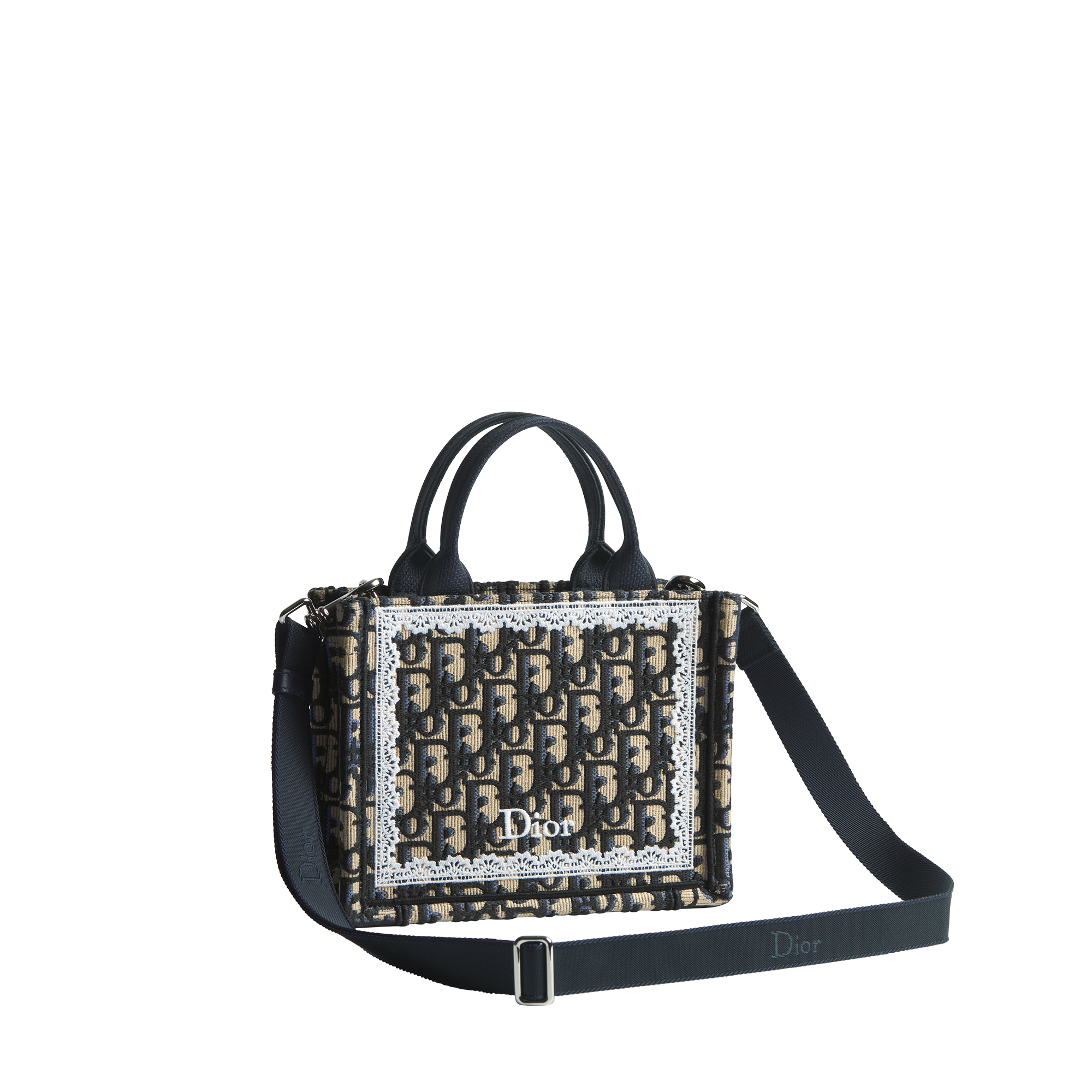 Mini Dior Book Tote with Strap Blue Dior Oblique Embroidery and White Lace (21 x 16 x 6.5 cm) E03