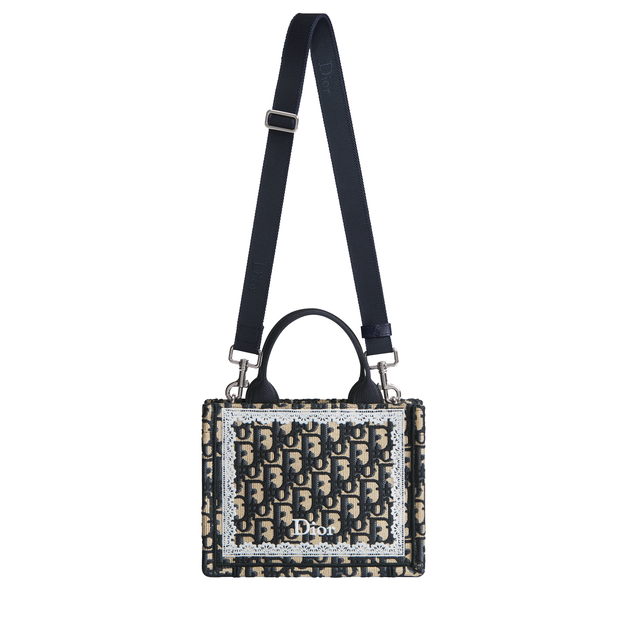 Mini Dior Book Tote with Strap Blue Dior Oblique Embroidery and White Lace (21 x 16 x 6.5 cm) E07