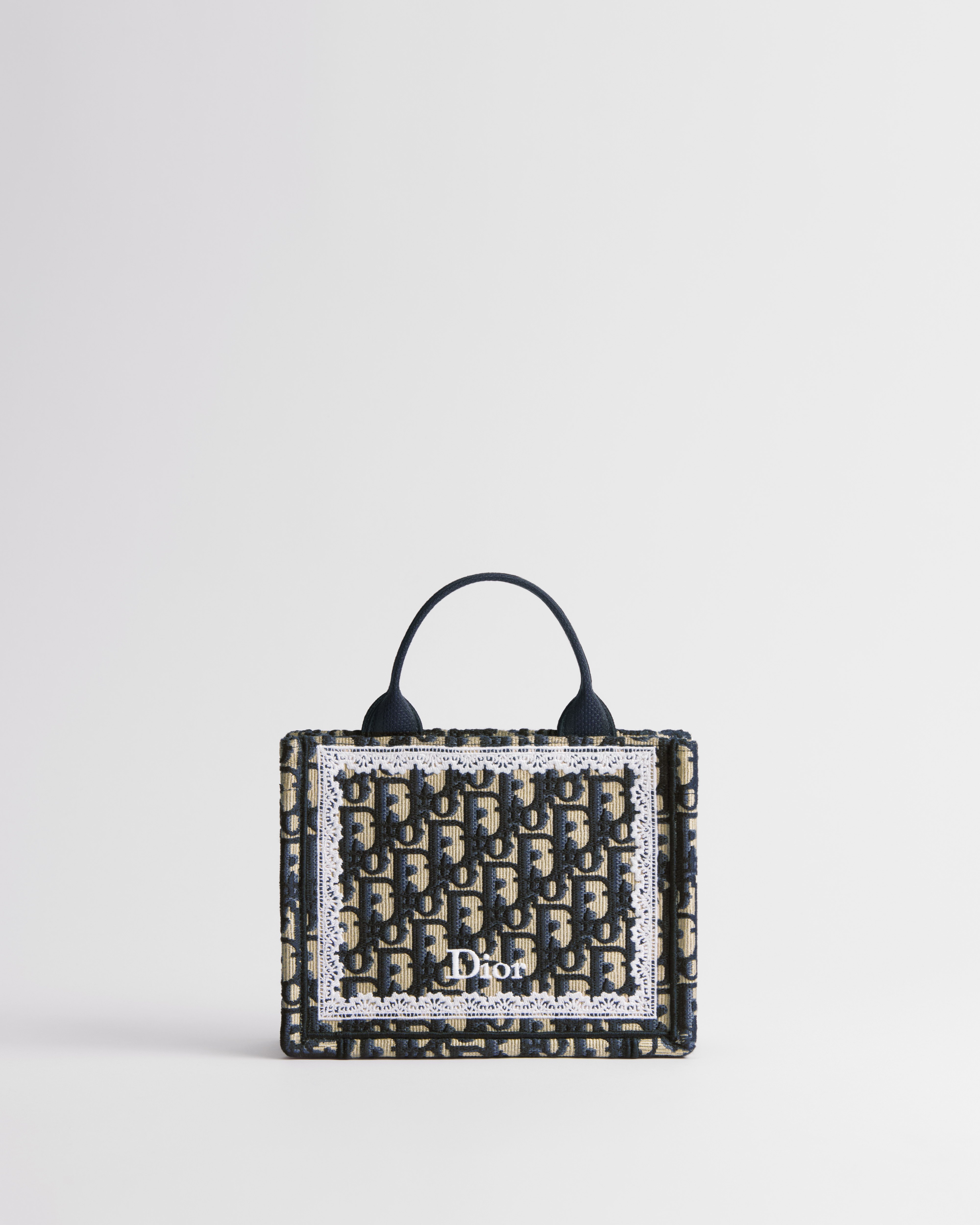 Mini Dior Book Tote with Strap Blue Dior Oblique Embroidery and White Lace (21 x 16 x 6.5 cm)