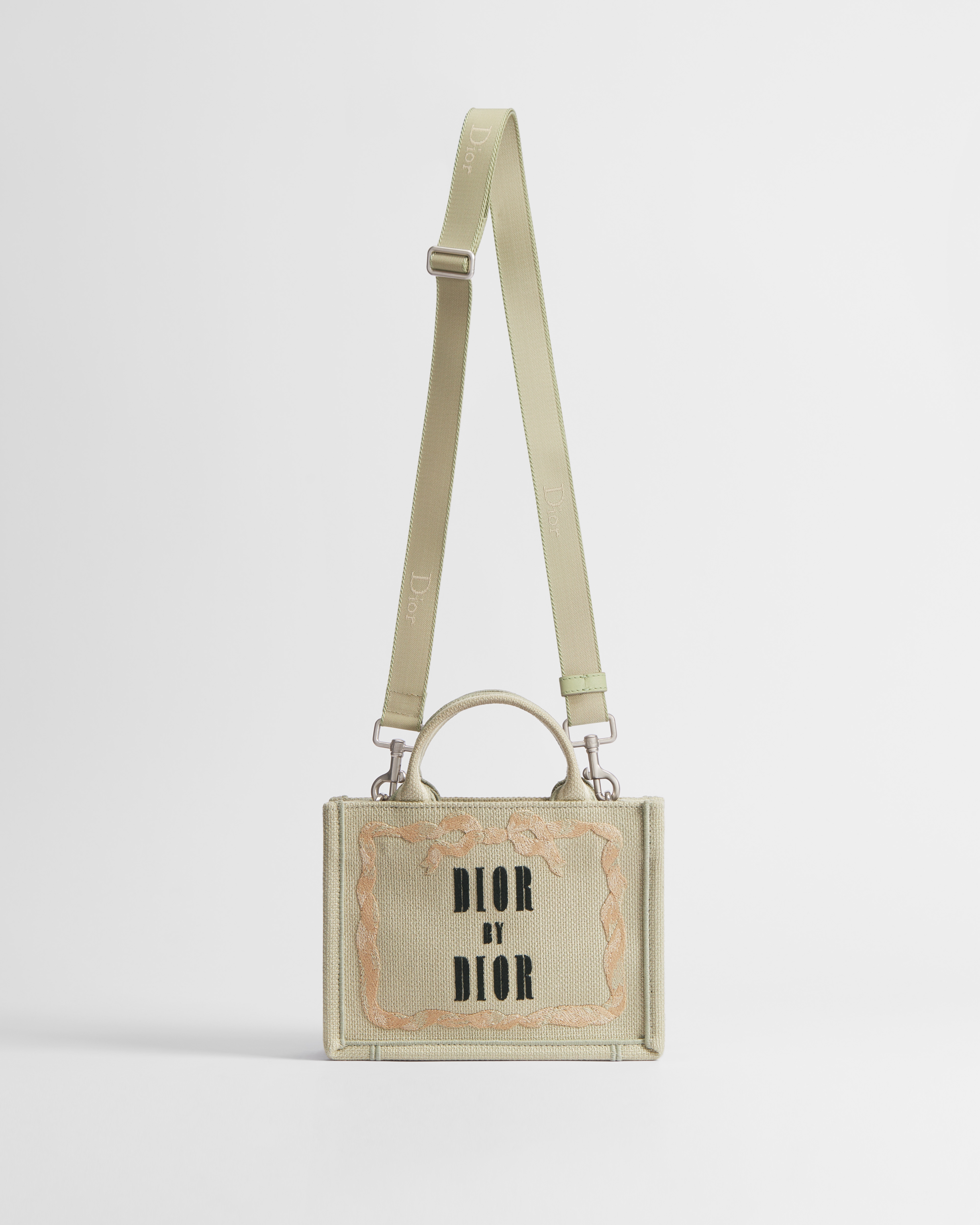 Dior Book Tote mini con bandolera Bordado Book Cover beige, rosa y negro (21 x 16 x 6,5 cm) E07