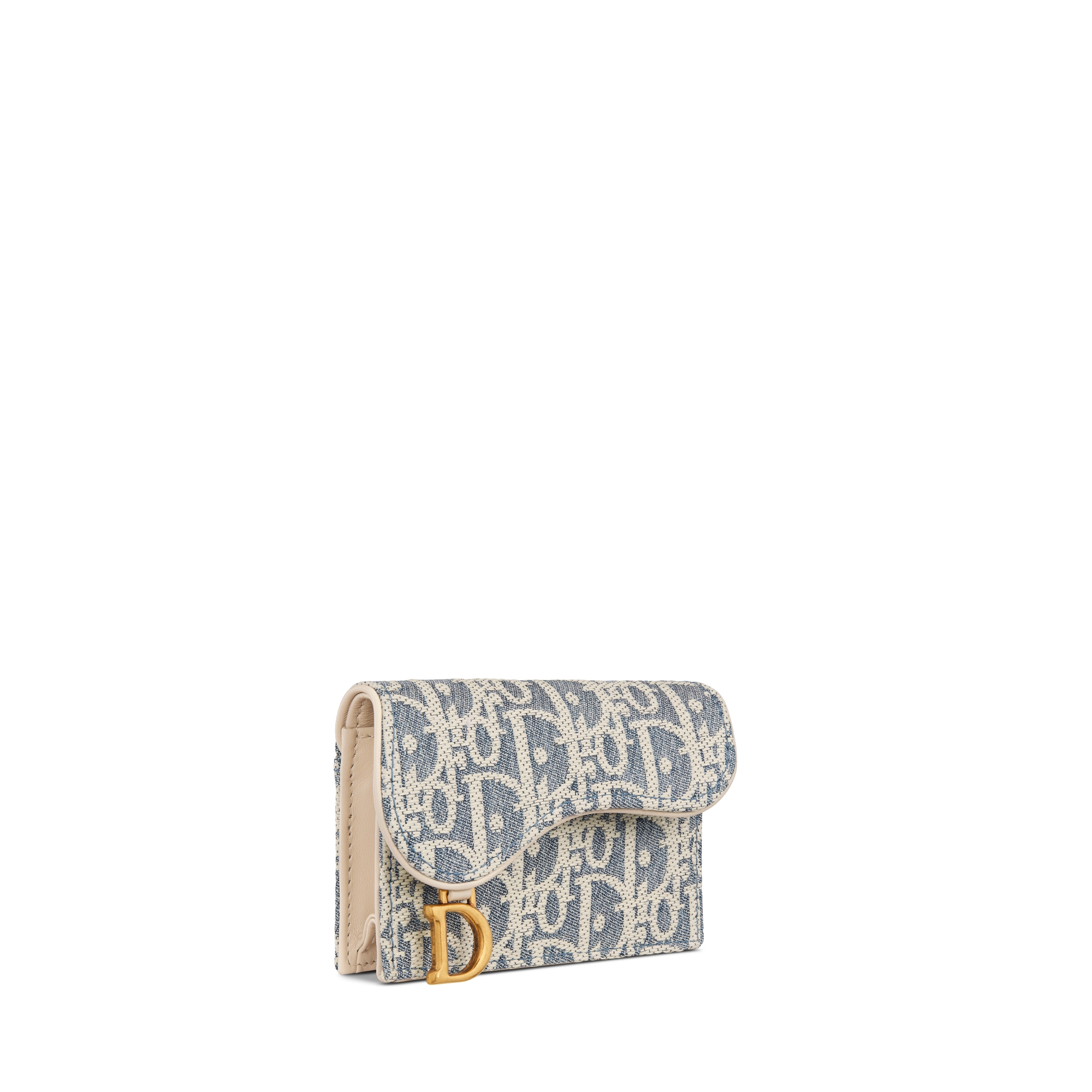 Saddle Bloom-kaarthouder Blauwe Dior Oblique-chambray met raffia-effect en licht biscuitkleurig soepel kalfsleer E03